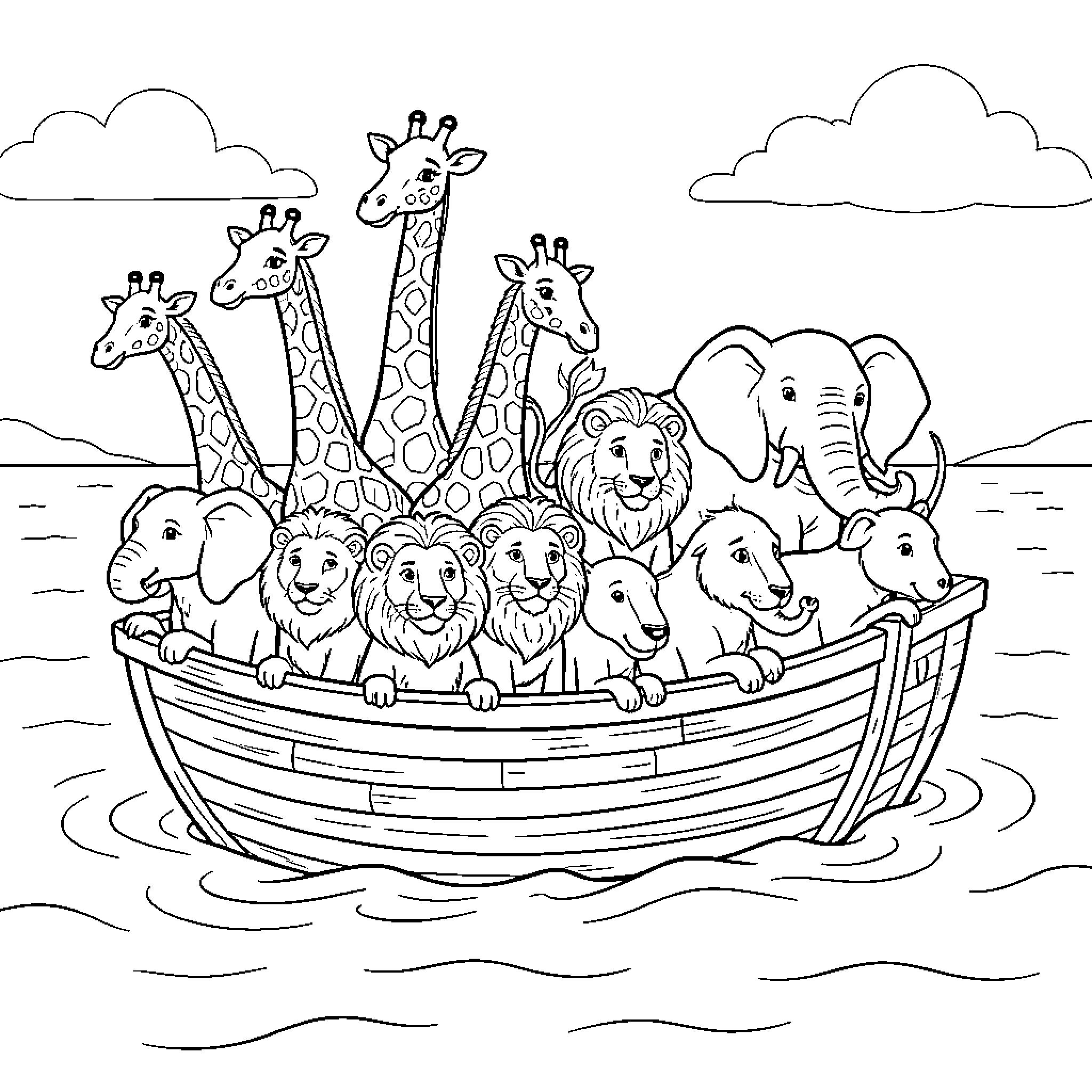 Noah's Ark of animals journeying together Coloring Page (free black-and-white line drawing printable PDF for all, from beginners to advanced learners, including children, teens, adults, and seniors)