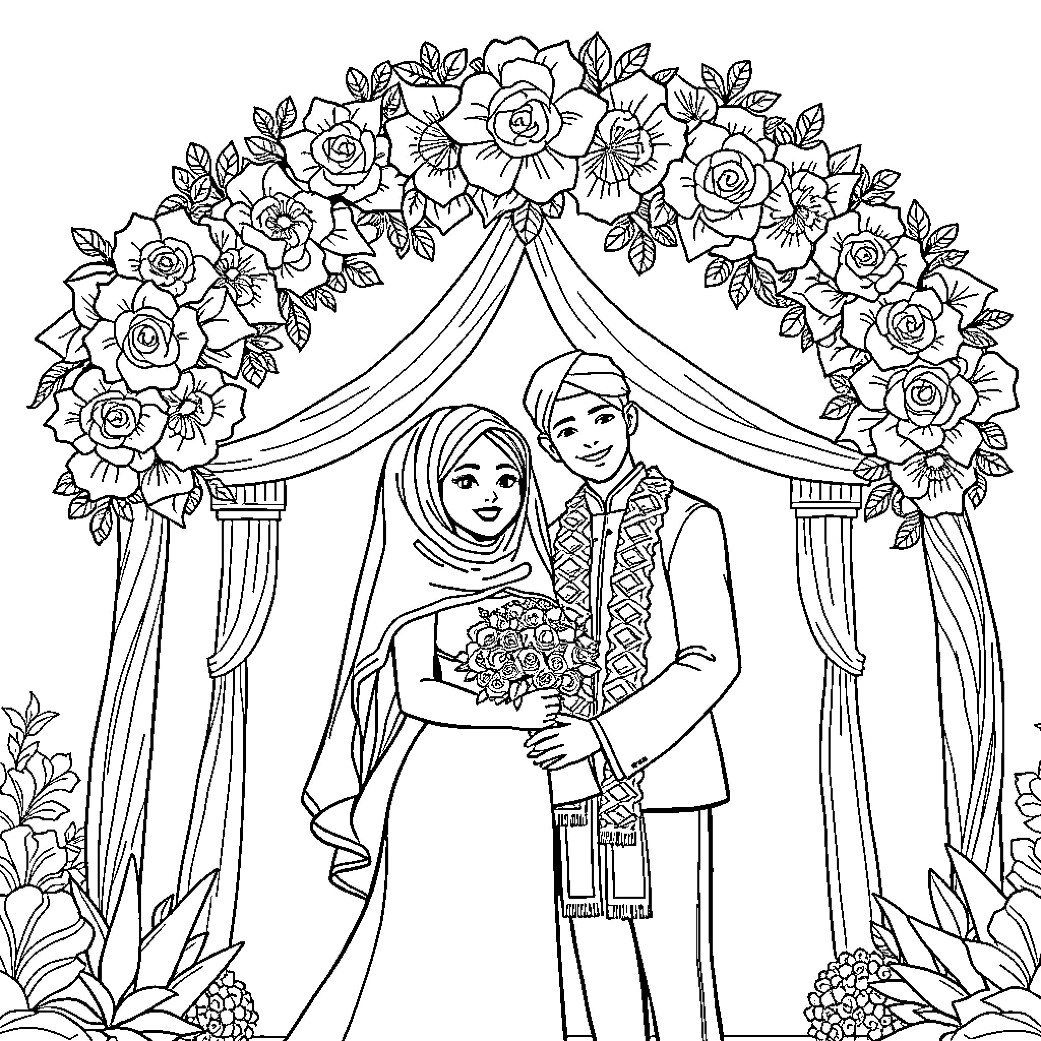 Rumi's beautiful wedding ceremony in a floral arch Coloring Page (free black-and-white line drawing printable PDF for all, from beginners to advanced learners, including children, teens, adults, and seniors)