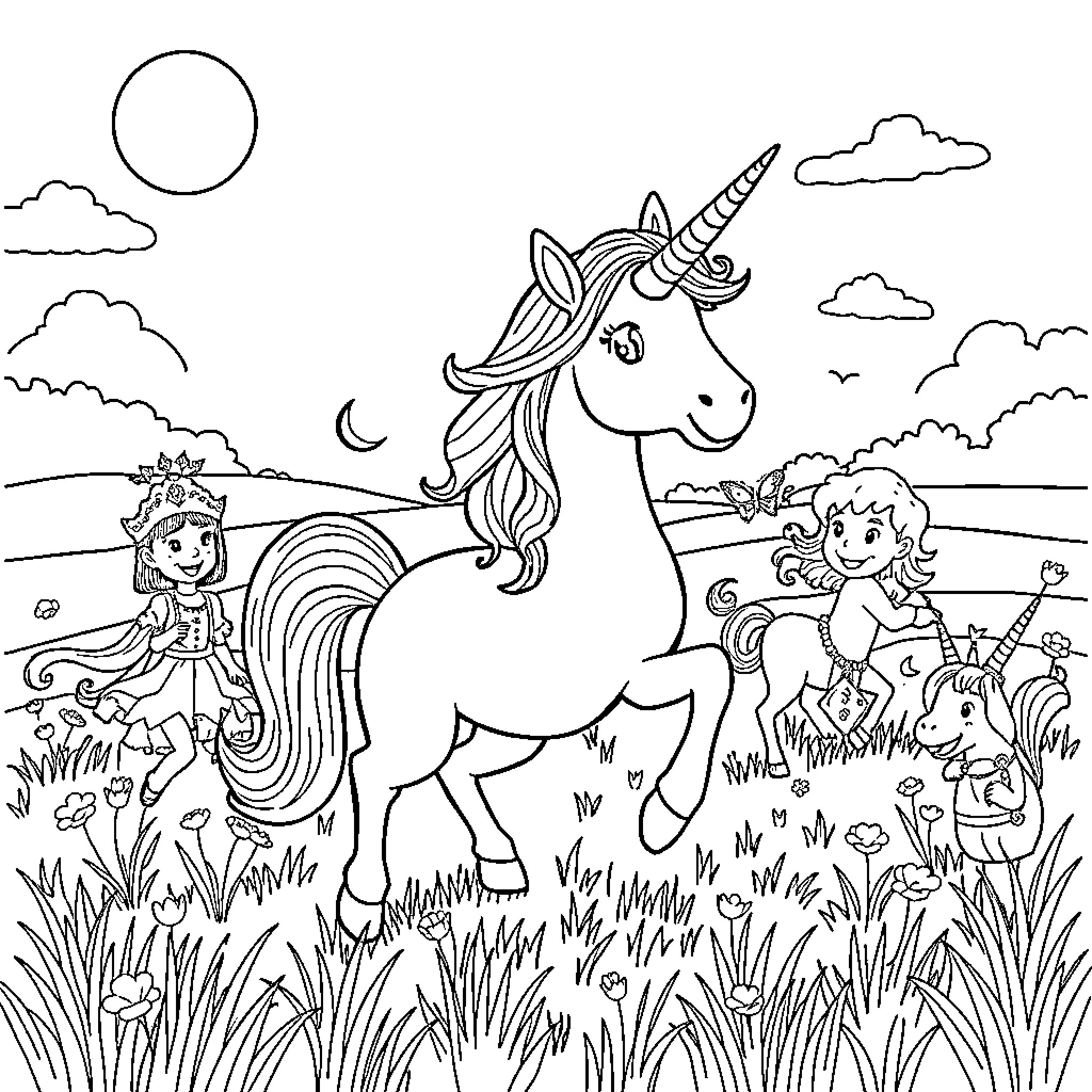 Unicorn and two children in a magical meadow Coloring Page (free black-and-white line drawing printable PDF for all, from beginners to advanced learners, including children, teens, adults, and seniors)
