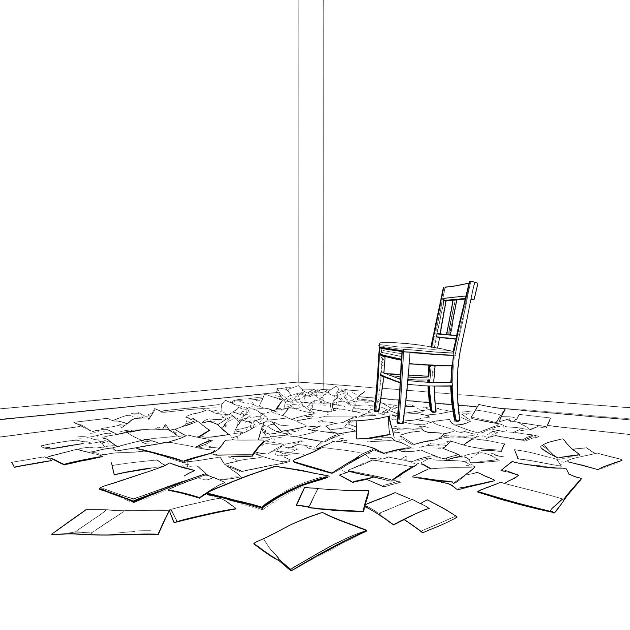 Scene with a lone chair in a room with broken shards Coloring Page (free black-and-white line drawing printable PDF for all, from beginners to advanced learners, including children, teens, adults, and seniors)