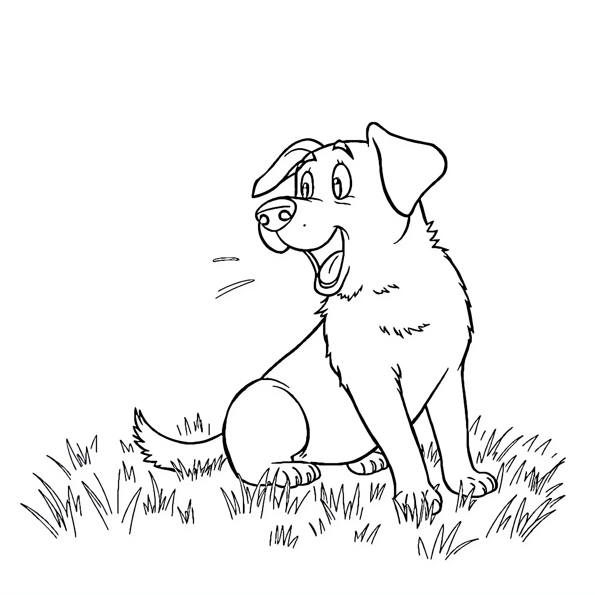 Dog happily playing in the grass Coloring Page (free black-and-white line drawing printable PDF for all, from beginners to advanced learners, including children, teens, adults, and seniors)