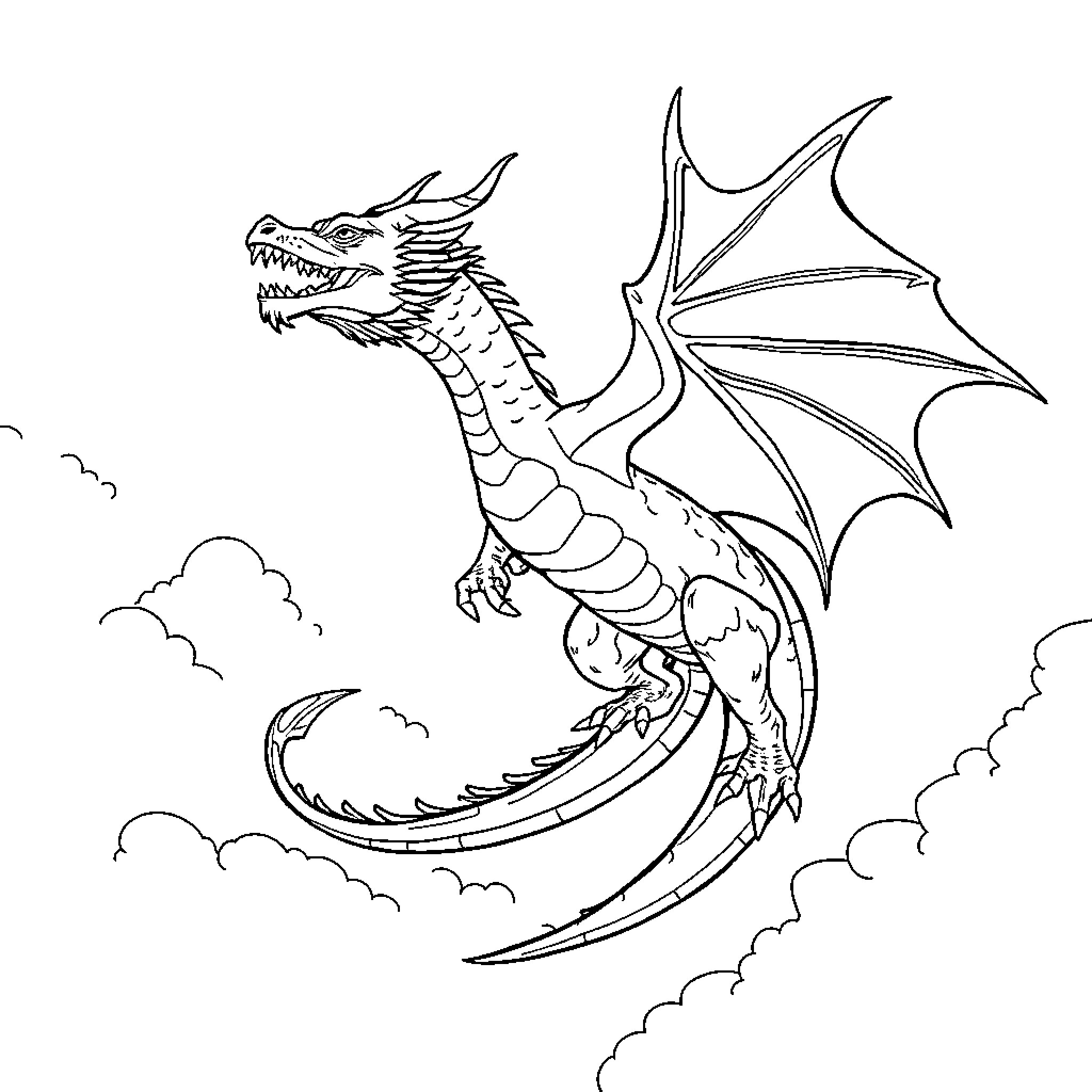 Drigga, the Fearsome Dragon in Flight Coloring Page (free black-and-white line drawing printable PDF for all, from beginners to advanced learners, including children, teens, adults, and seniors)