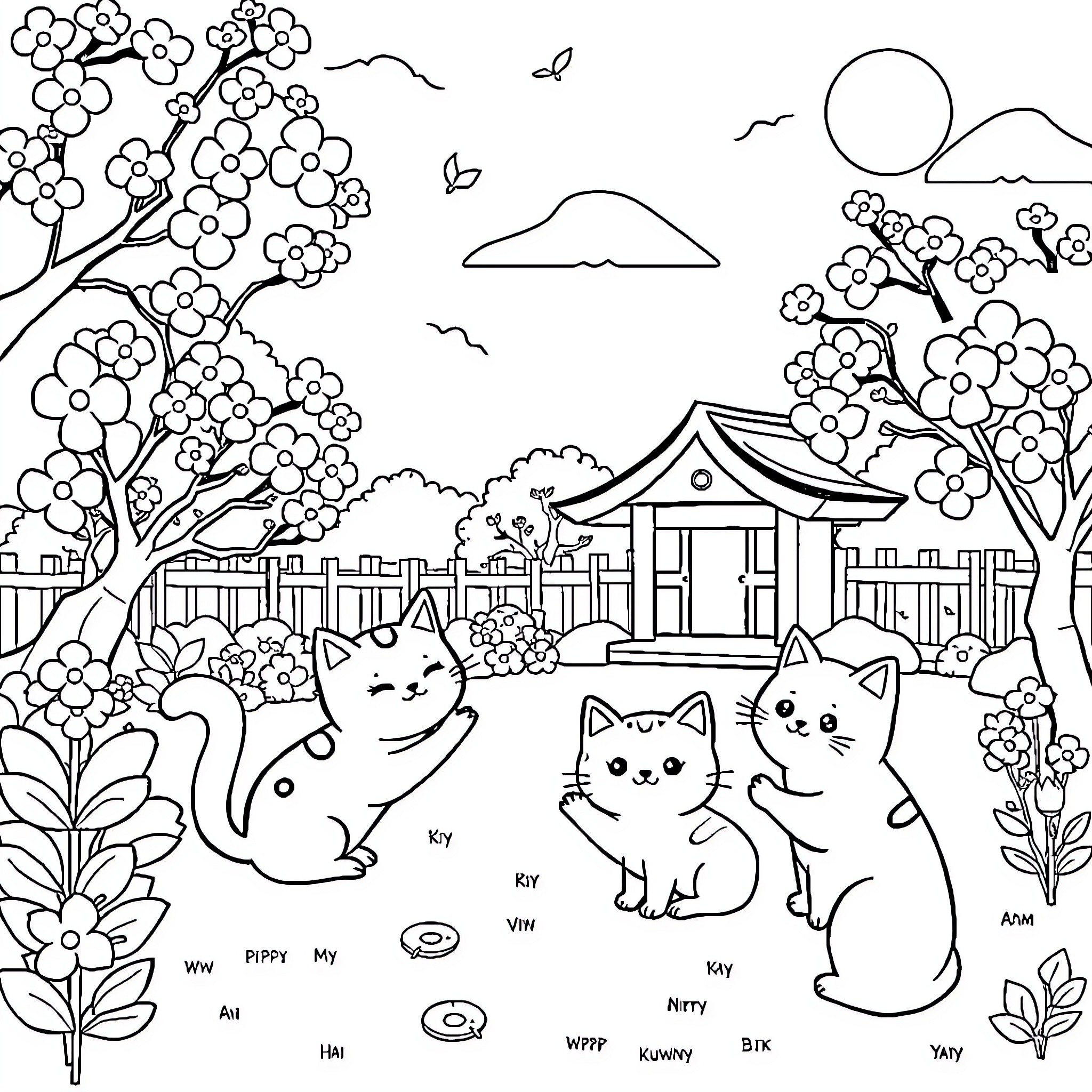 Cats playing in a Japanese garden Coloring Page (free black-and-white line drawing printable PDF for all, from beginners to advanced learners, including children, teens, adults, and seniors)