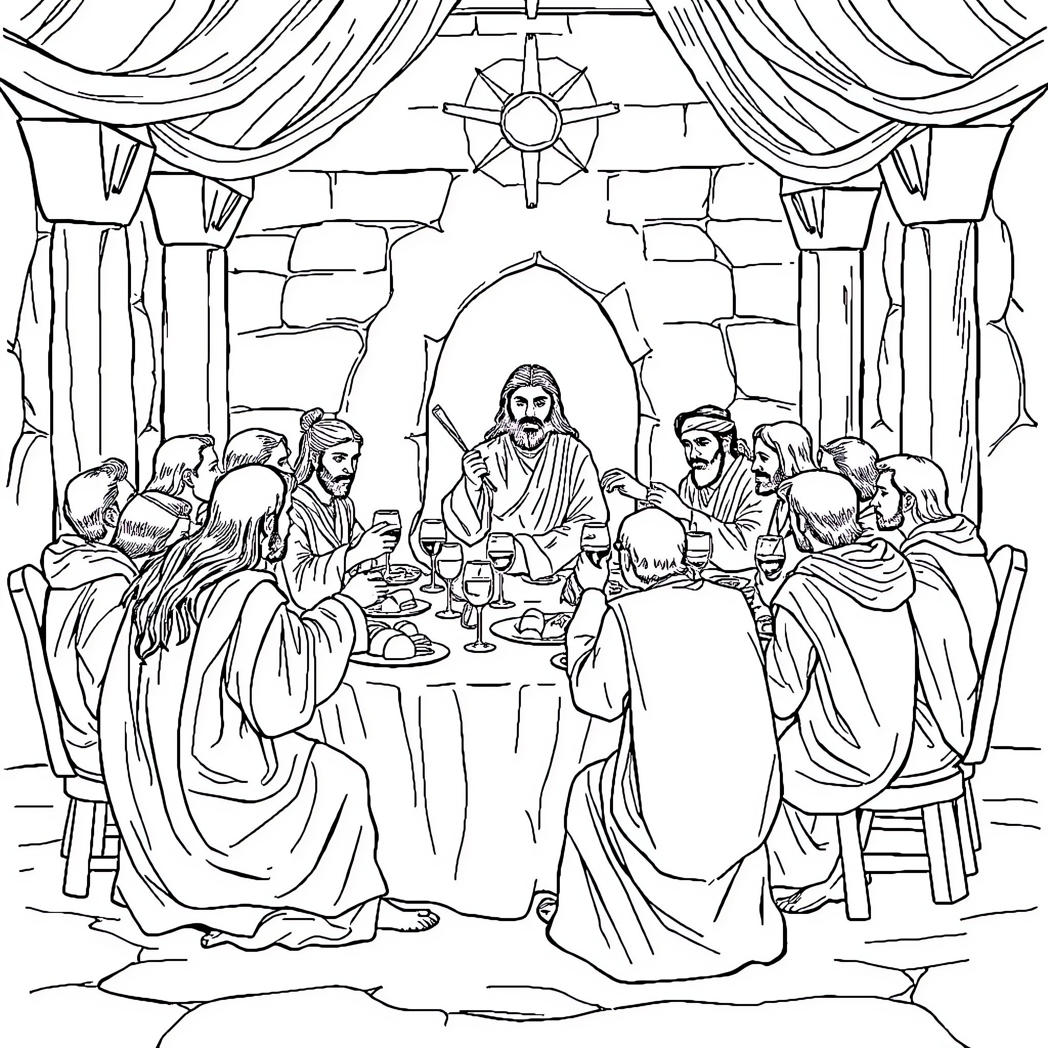 The Last Supper: Disciples gathered around Jesus in a grand hall Coloring Page (free black-and-white line drawing printable PDF for all, from beginners to advanced learners, including children, teens, adults, and seniors)