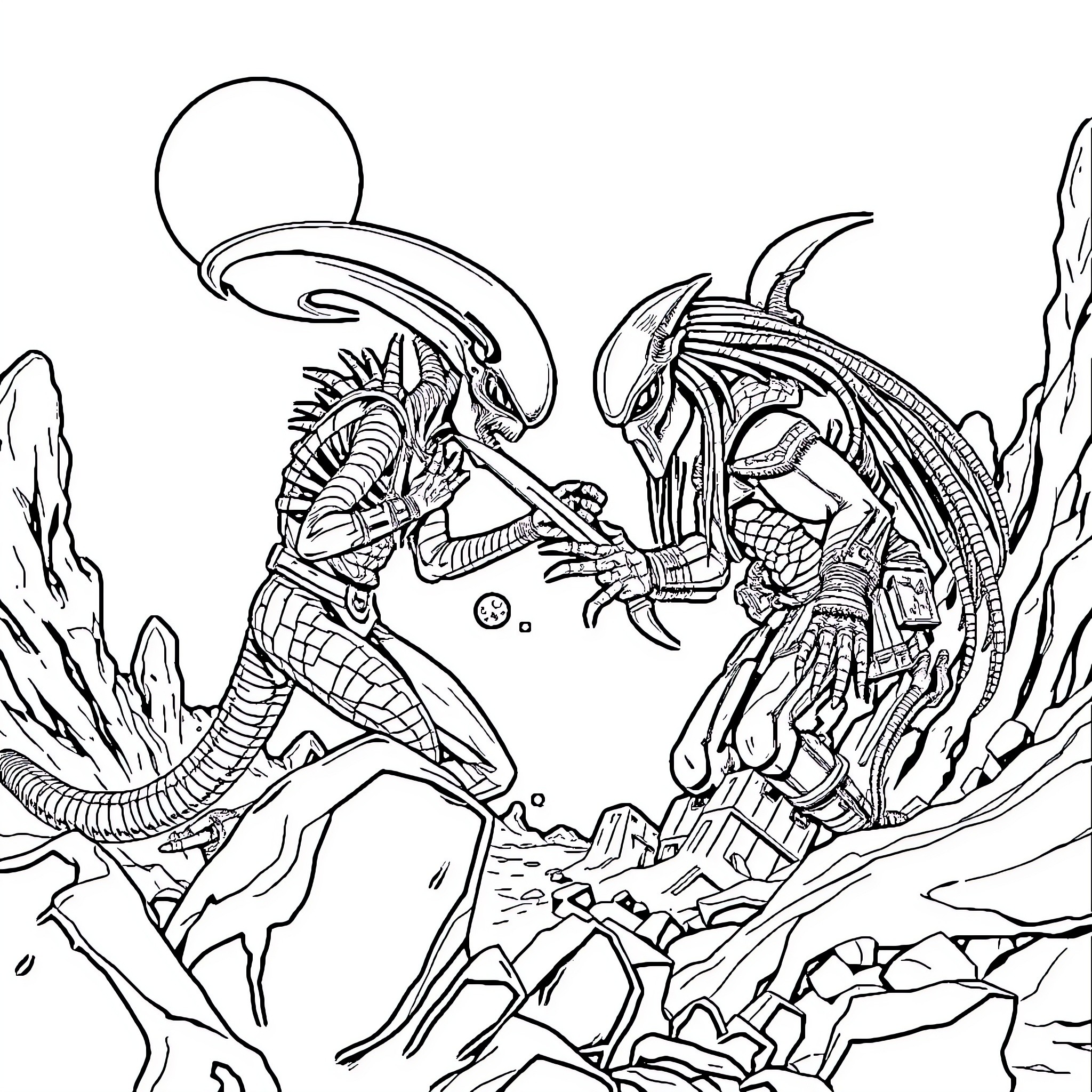 Alien Creatures Engaged in Cosmic Battle Coloring Page (free black-and-white line drawing printable PDF for all, from beginners to advanced learners, including children, teens, adults, and seniors)