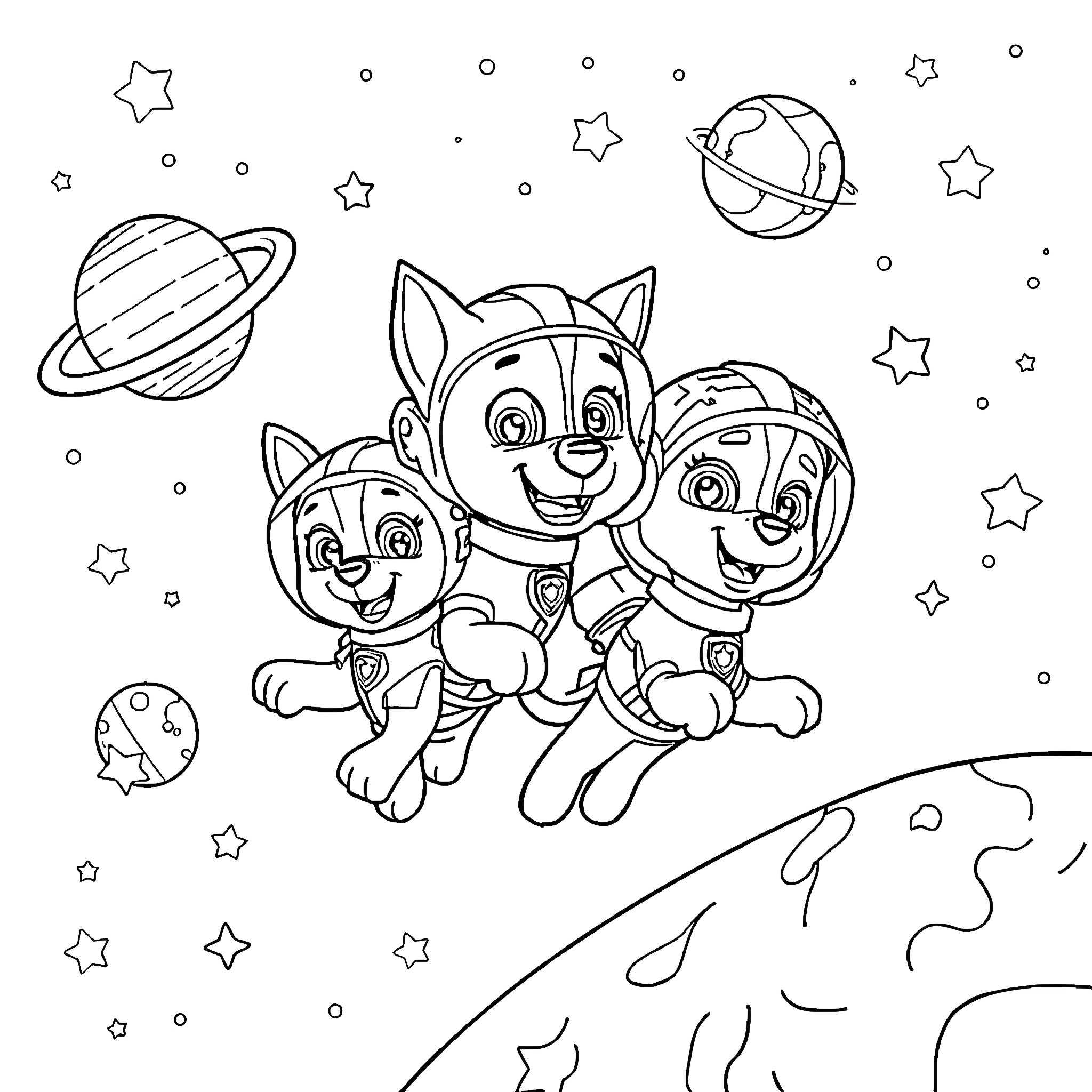 Paw Patrol puppies exploring outer space Coloring Page (free black-and-white line drawing printable PDF for all, from beginners to advanced learners, including children, teens, adults, and seniors)