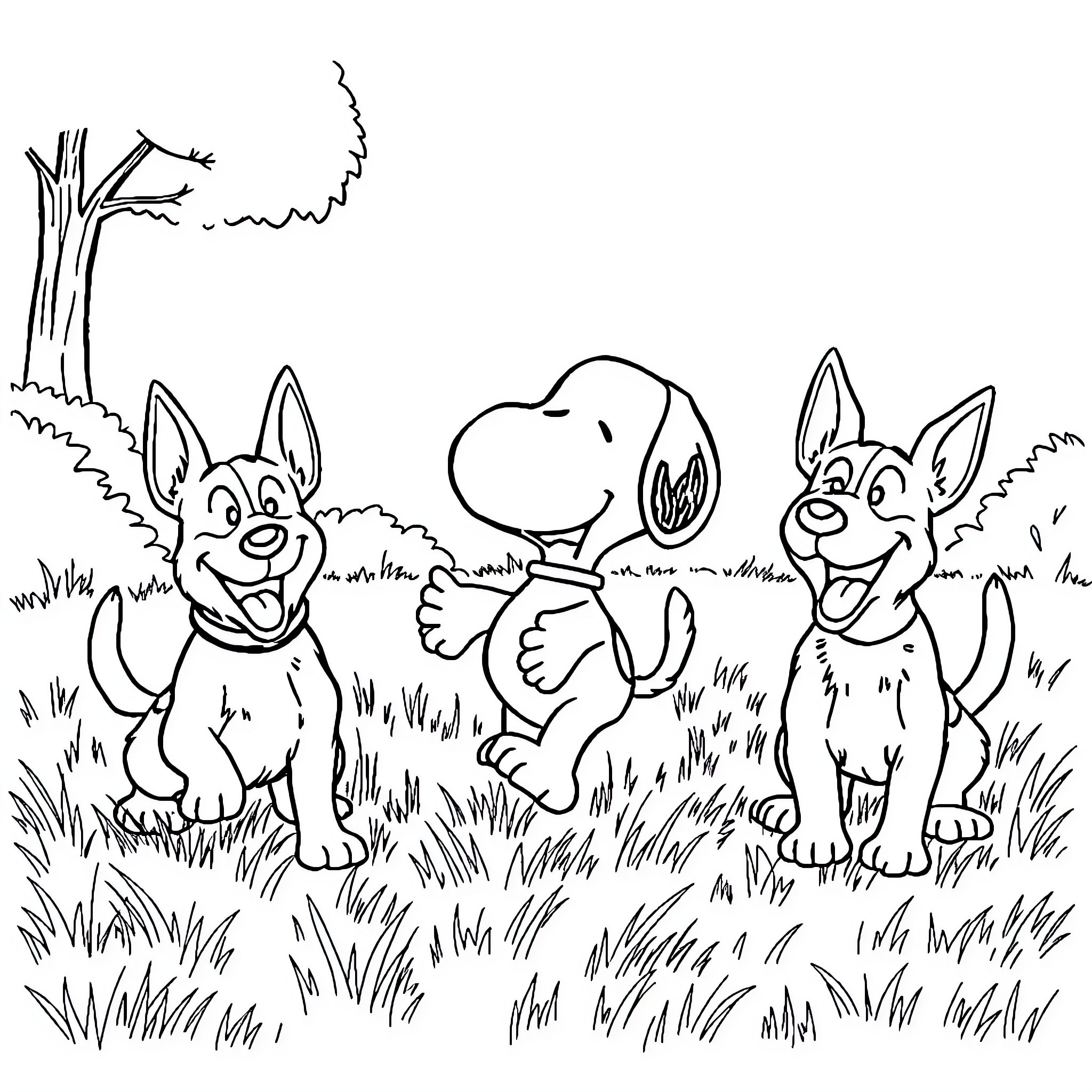Snoopy and friends playing in the grass Coloring Page (free black-and-white line drawing printable PDF for all, from beginners to advanced learners, including children, teens, adults, and seniors)