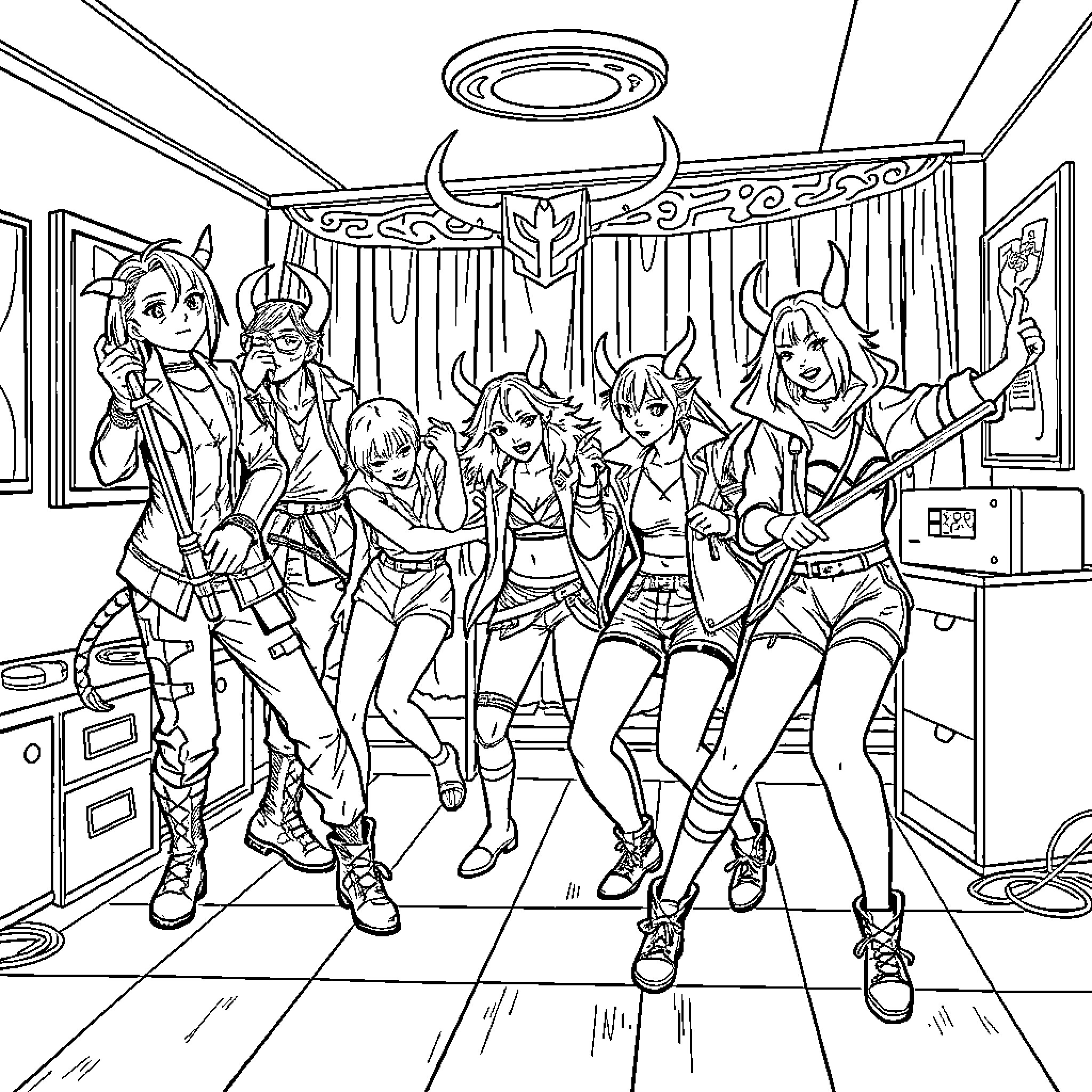 Demon Hunter Group in Action-Packed Pose Coloring Page (free black-and-white line drawing printable PDF for all, from beginners to advanced learners, including children, teens, adults, and seniors)