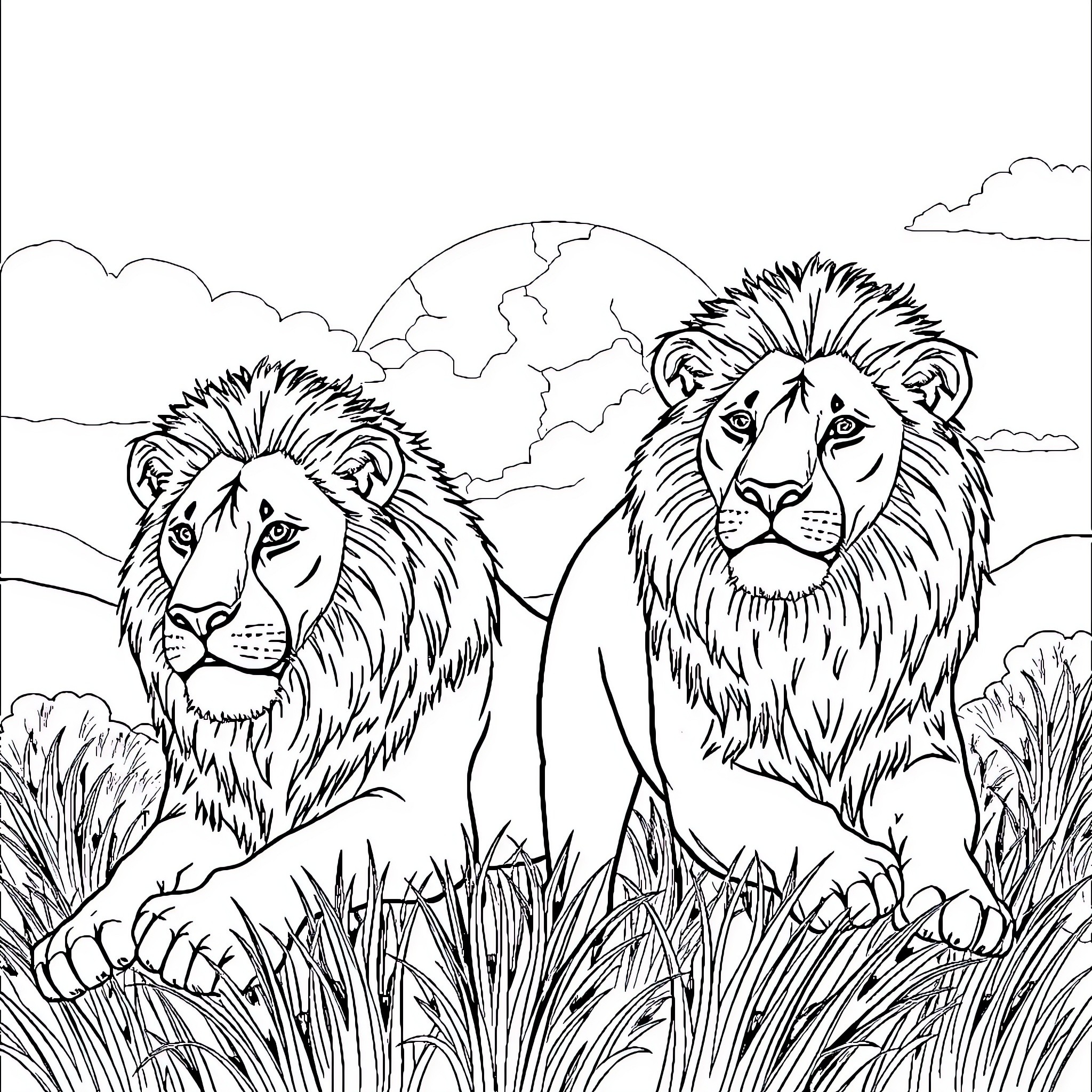 Lion Duo Resting Peacefully in the Savanna Coloring Page (free black-and-white line drawing printable PDF for all, from beginners to advanced learners, including children, teens, adults, and seniors)