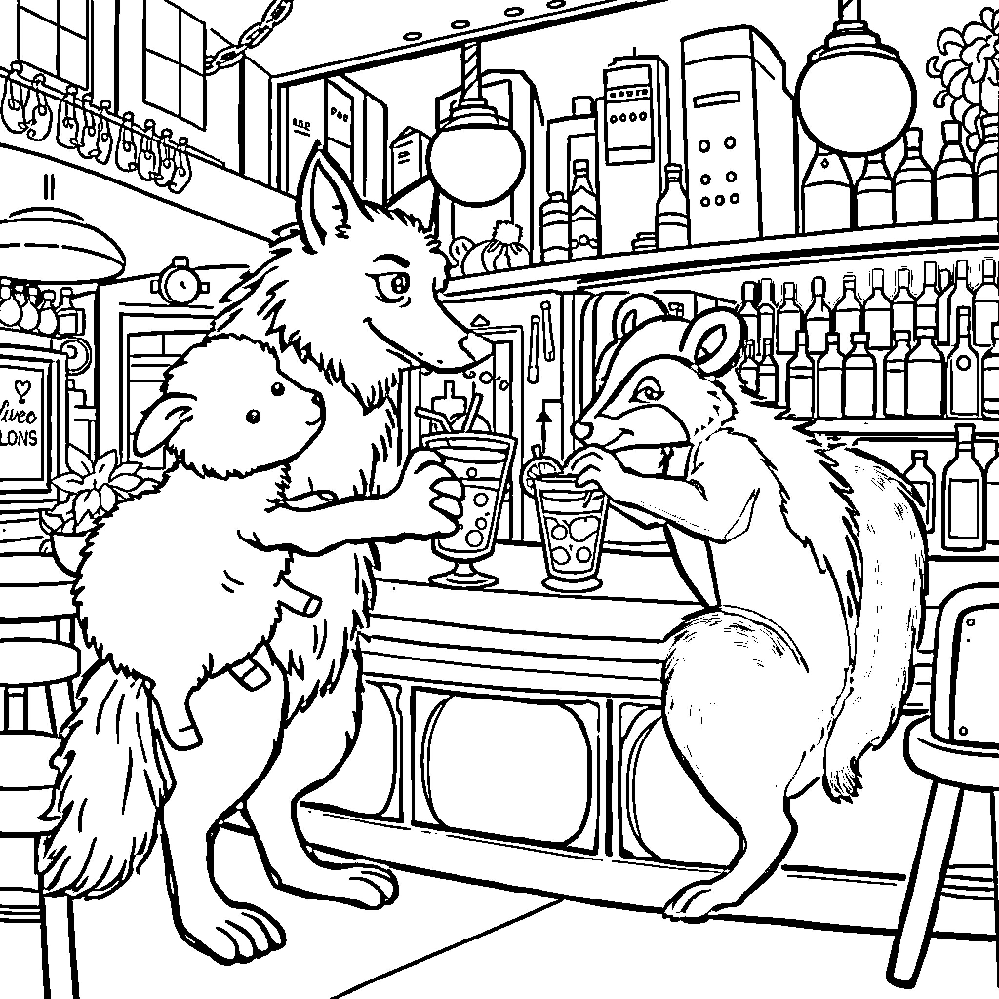 Wolf friends enjoying drinks at the bar Coloring Page (free black-and-white line drawing printable PDF for all, from beginners to advanced learners, including children, teens, adults, and seniors)