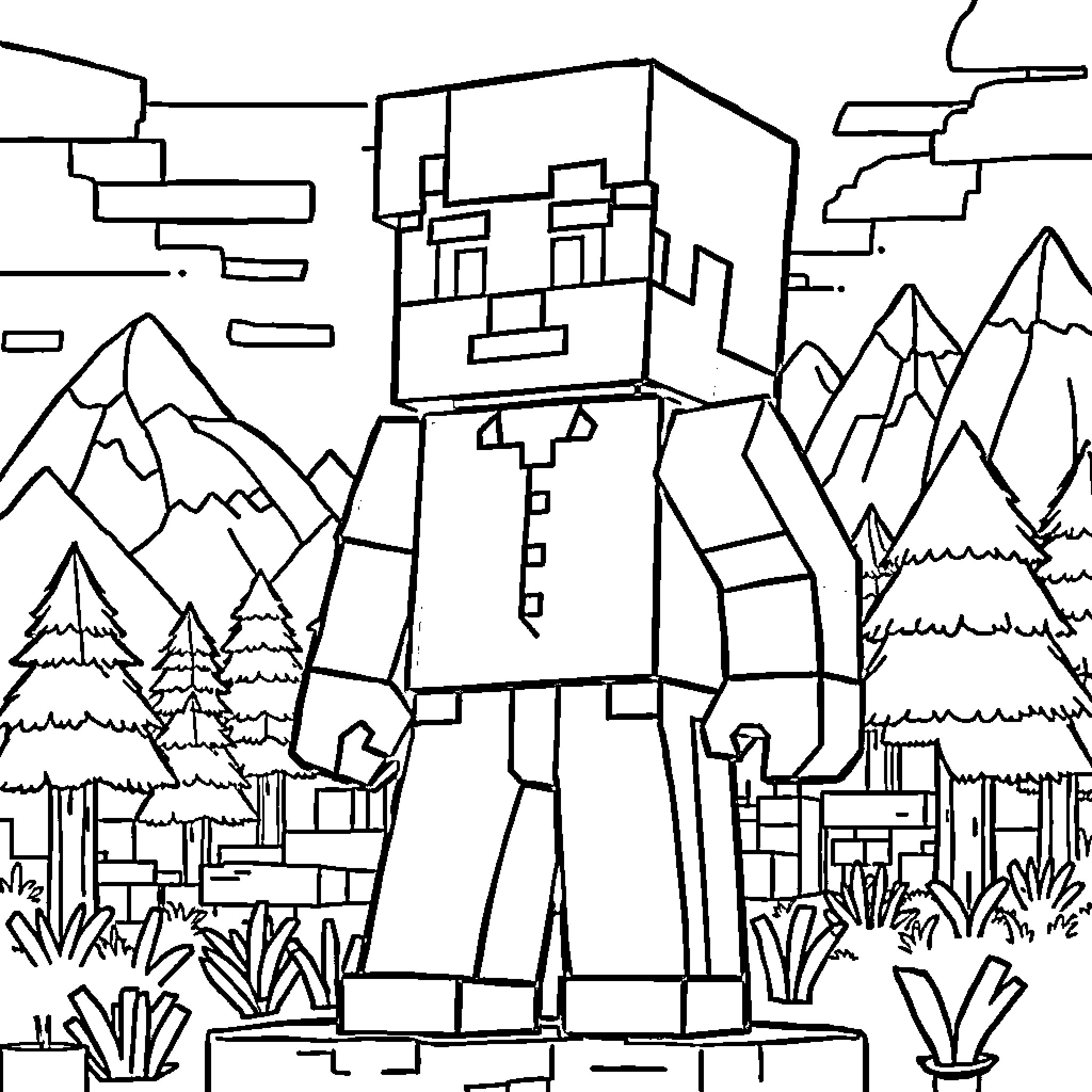 Steve's adventure in the blocky wilderness Coloring Page (free black-and-white line drawing printable PDF for all, from beginners to advanced learners, including children, teens, adults, and seniors)