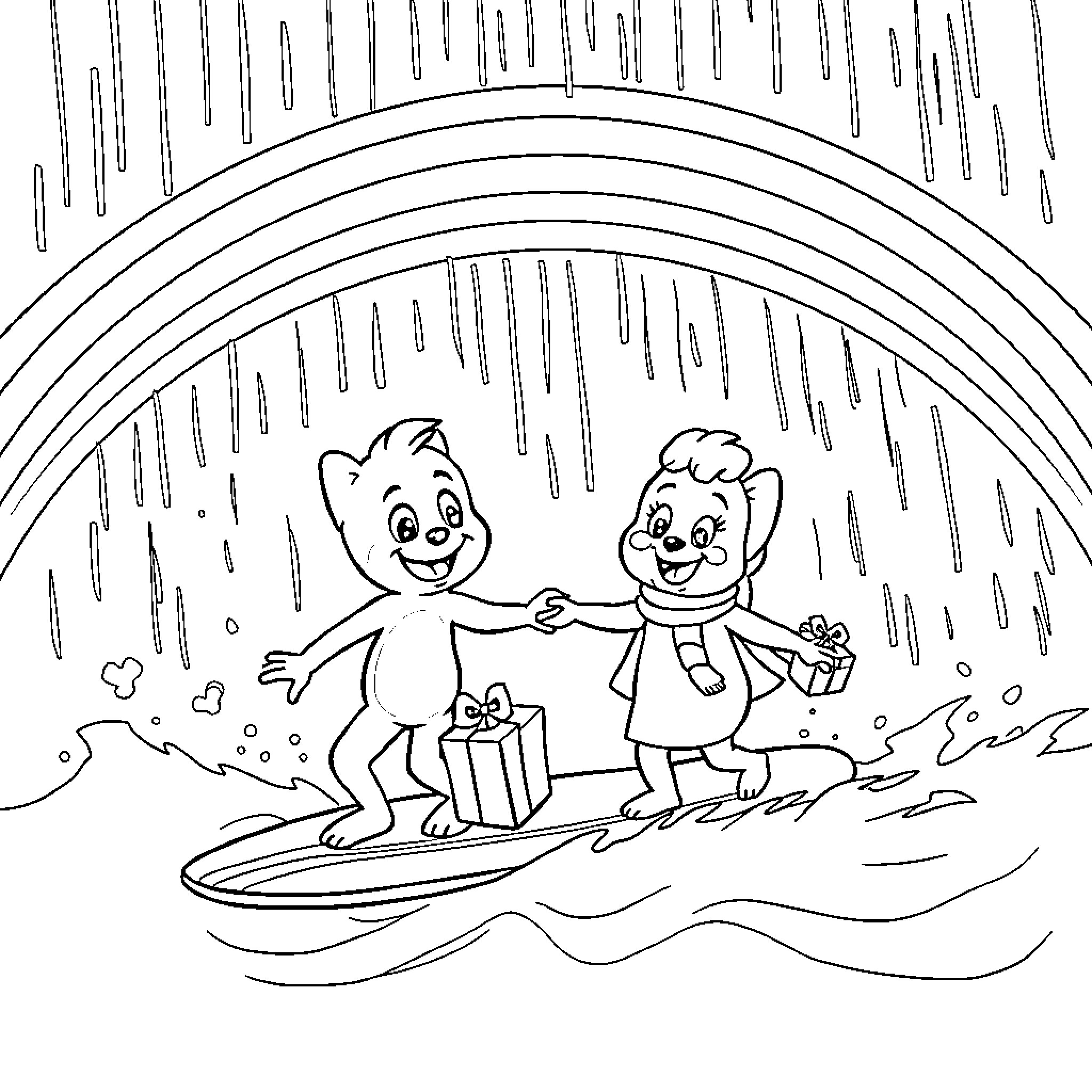 Bluey playing in the rain with a friend Coloring Page (free black-and-white line drawing printable PDF for all, from beginners to advanced learners, including children, teens, adults, and seniors)