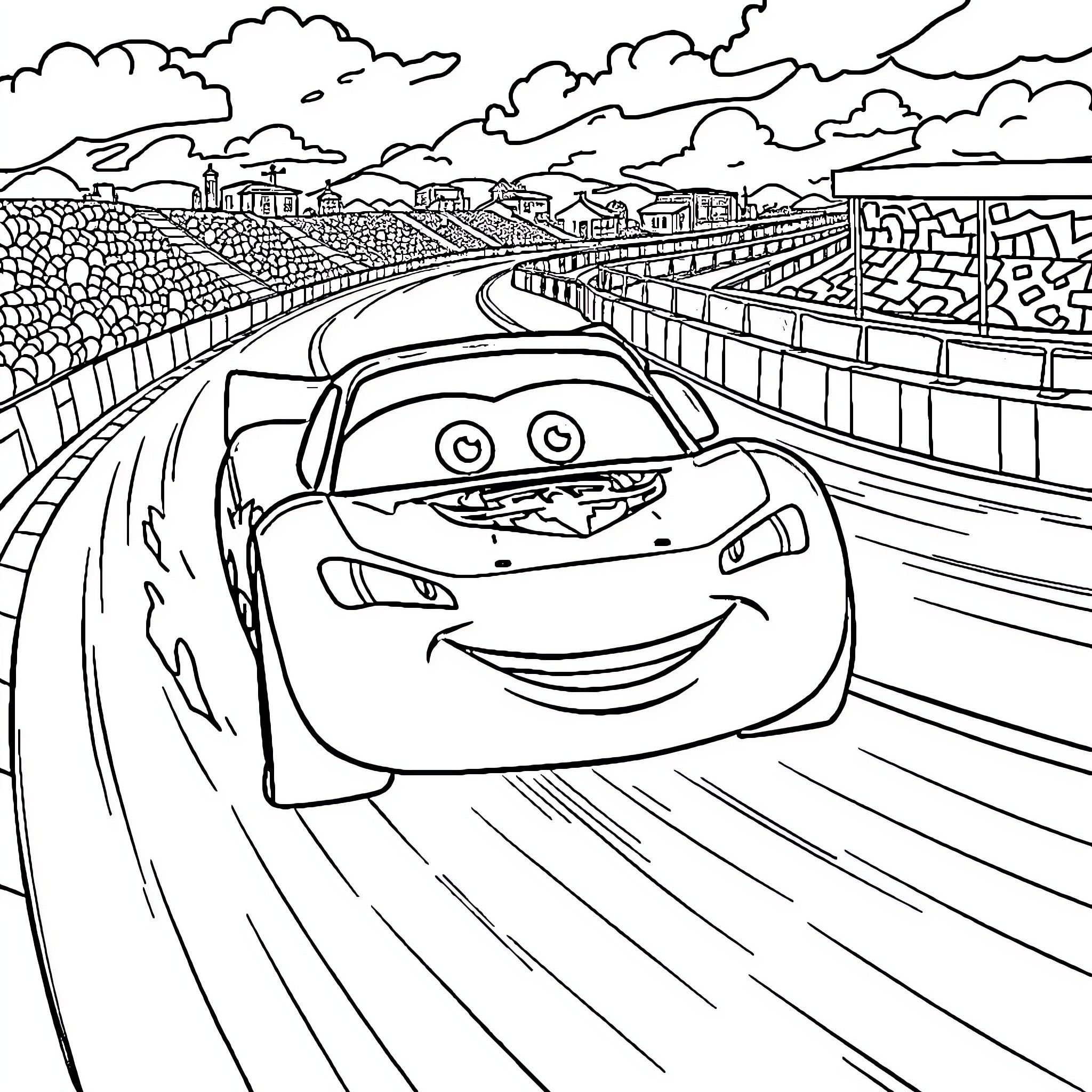Lightning McQueen racing on a winding road Coloring Page (free black-and-white line drawing printable PDF for all, from beginners to advanced learners, including children, teens, adults, and seniors)