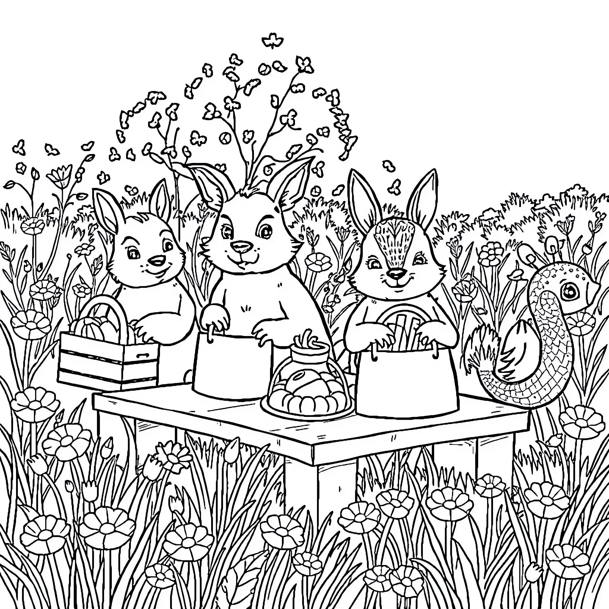 Animal friends enjoying a picnic in the garden Coloring Page (free black-and-white line drawing printable PDF for all, from beginners to advanced learners, including children, teens, adults, and seniors)