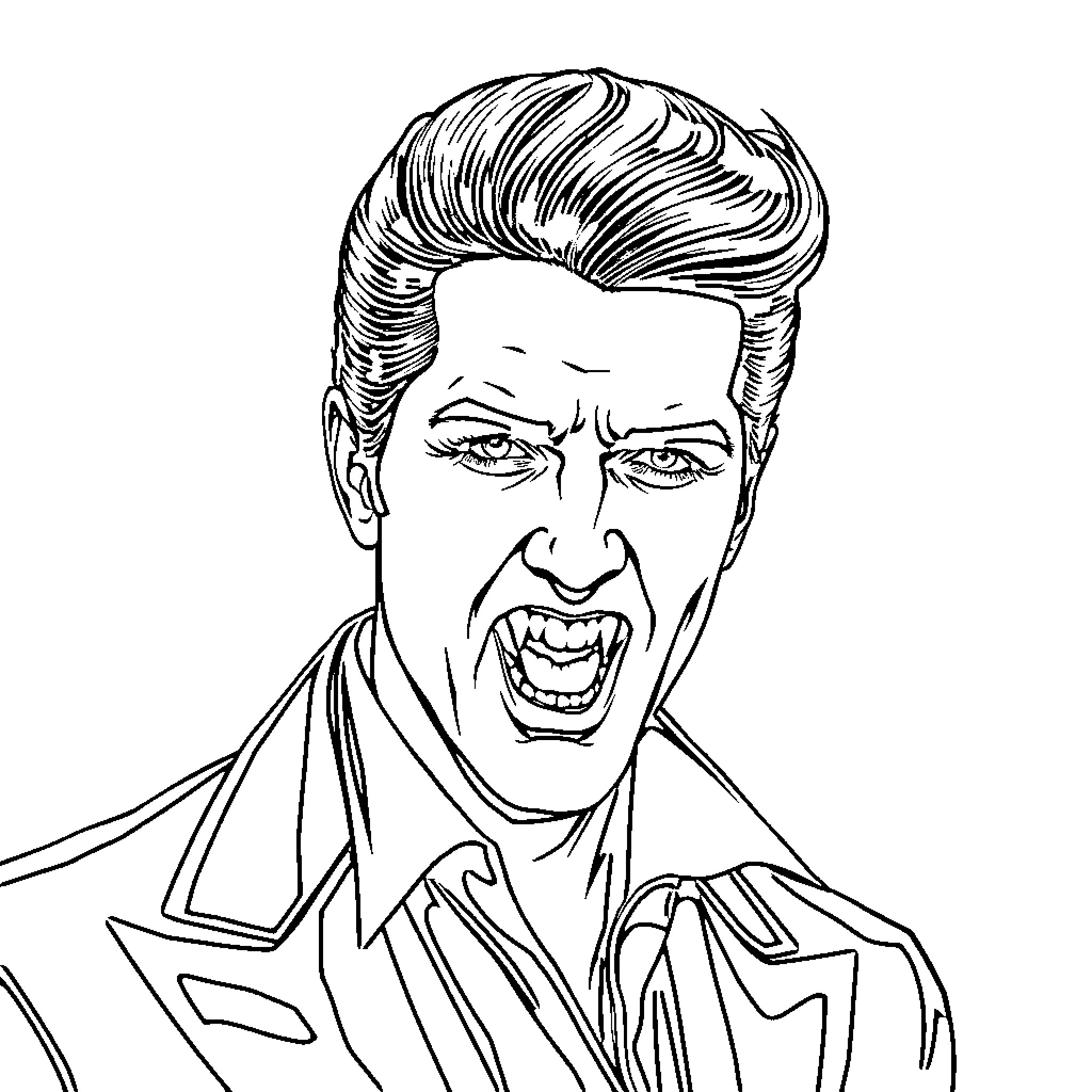 Vampire baring fangs with intense expression Coloring Page (free black-and-white line drawing printable PDF for all, from beginners to advanced learners, including children, teens, adults, and seniors)