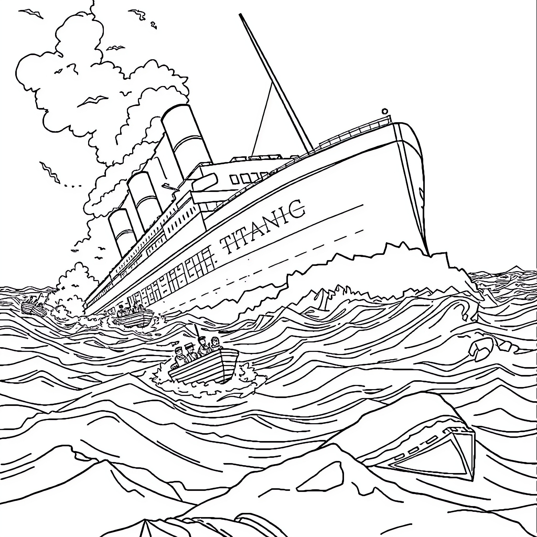 Titanic sinking dramatically in rough seas Coloring Page (free black-and-white line drawing printable PDF for all, from beginners to advanced learners, including children, teens, adults, and seniors)