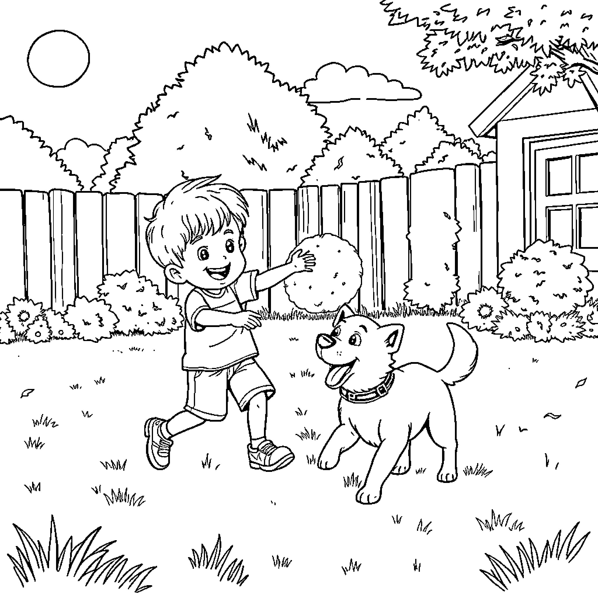 Boy playing happily with his dog in the backyard Coloring Page (free black-and-white line drawing printable PDF for all, from beginners to advanced learners, including children, teens, adults, and seniors)