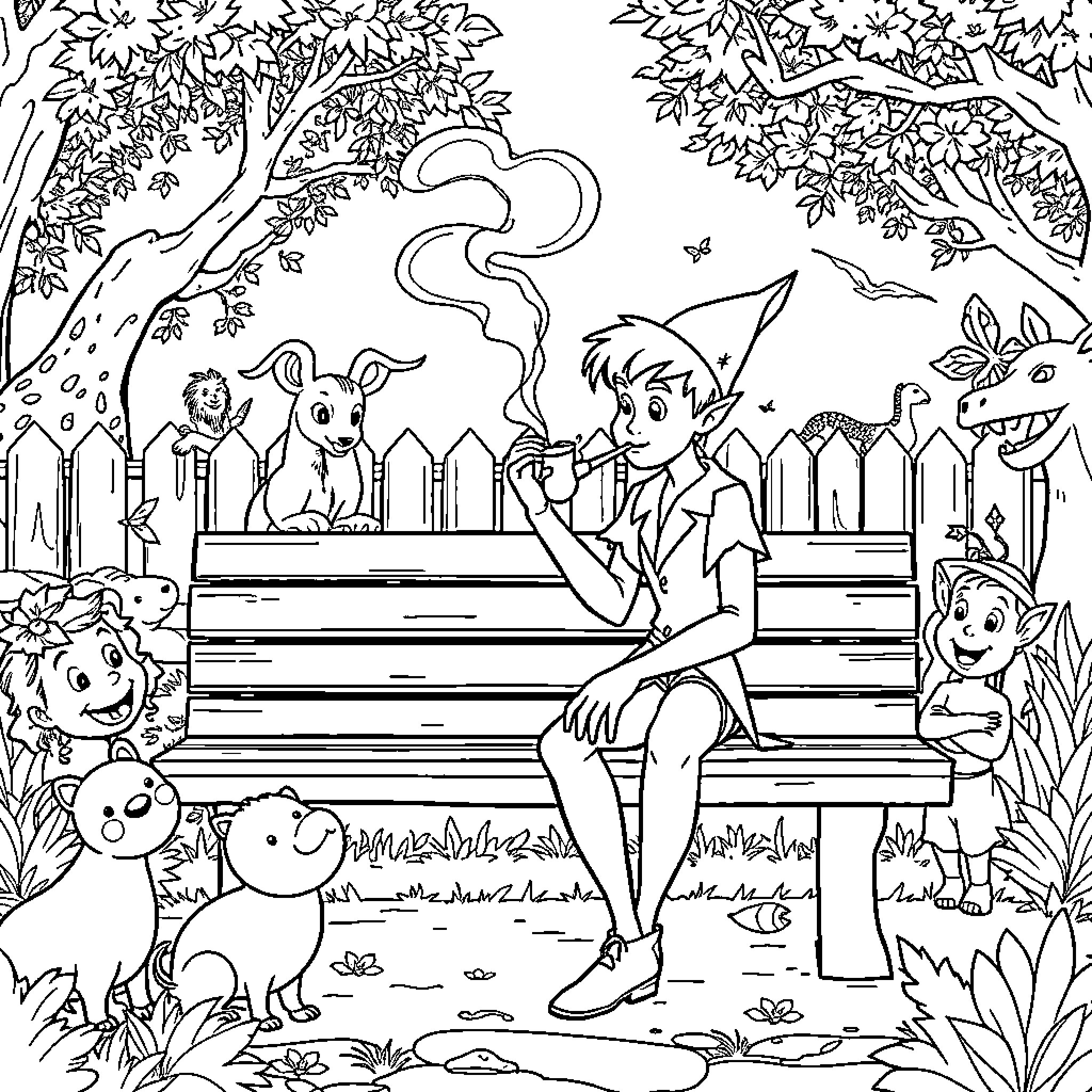 Peter Pan and his woodland friends in the garden Coloring Page (free black-and-white line drawing printable PDF for all, from beginners to advanced learners, including children, teens, adults, and seniors)