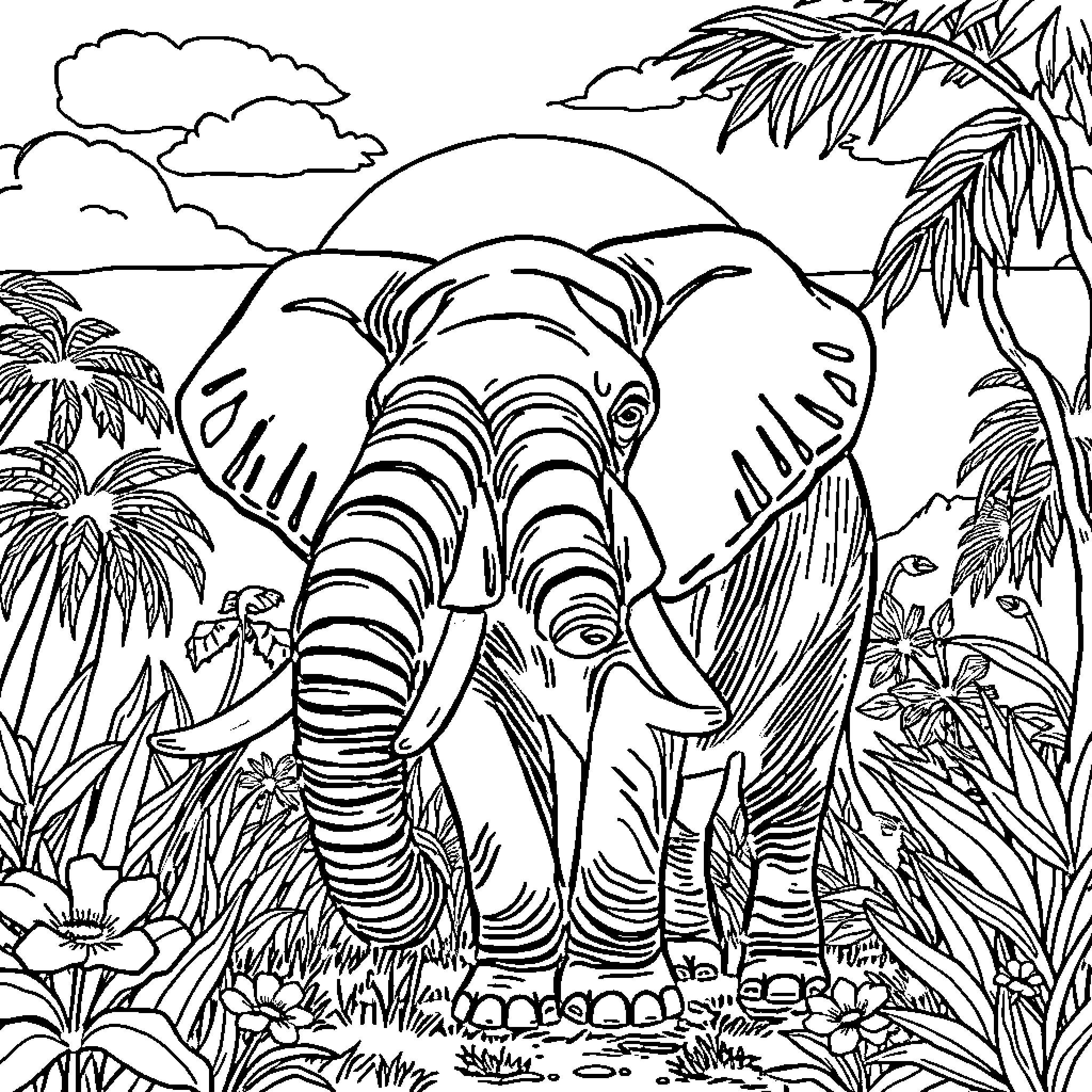 Elephant in a lush tropical landscape Coloring Page (free black-and-white line drawing printable PDF for all, from beginners to advanced learners, including children, teens, adults, and seniors)