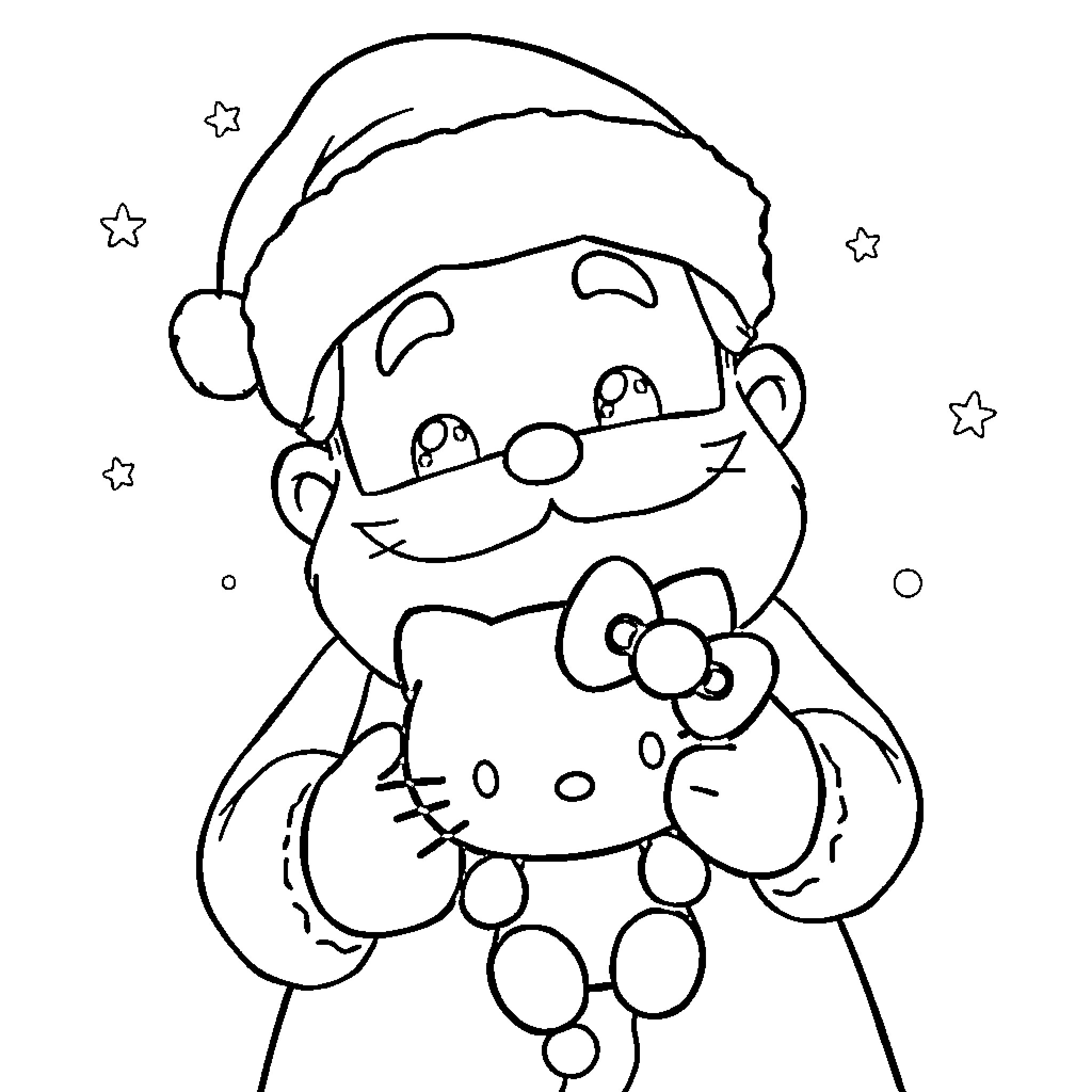 Santa Claus and Hello Kitty playing together Coloring Page (free black-and-white line drawing printable PDF for all, from beginners to advanced learners, including children, teens, adults, and seniors)