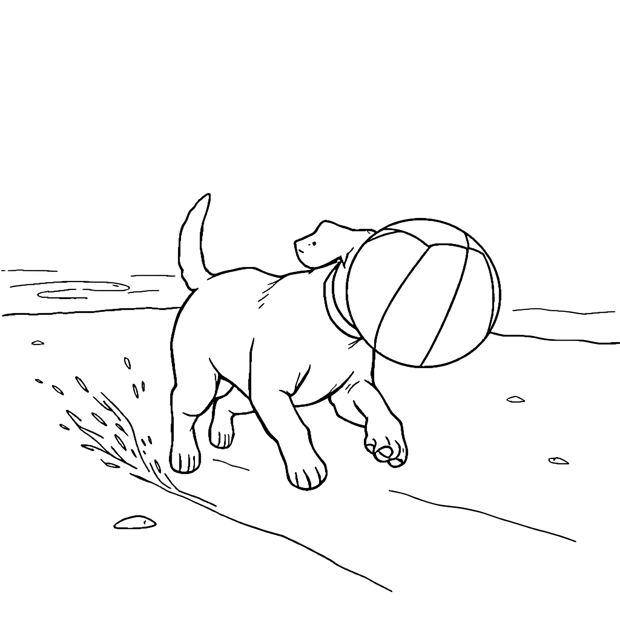 Dog playing with beach ball in the outdoors Coloring Page (free black-and-white line drawing printable PDF for all, from beginners to advanced learners, including children, teens, adults, and seniors)