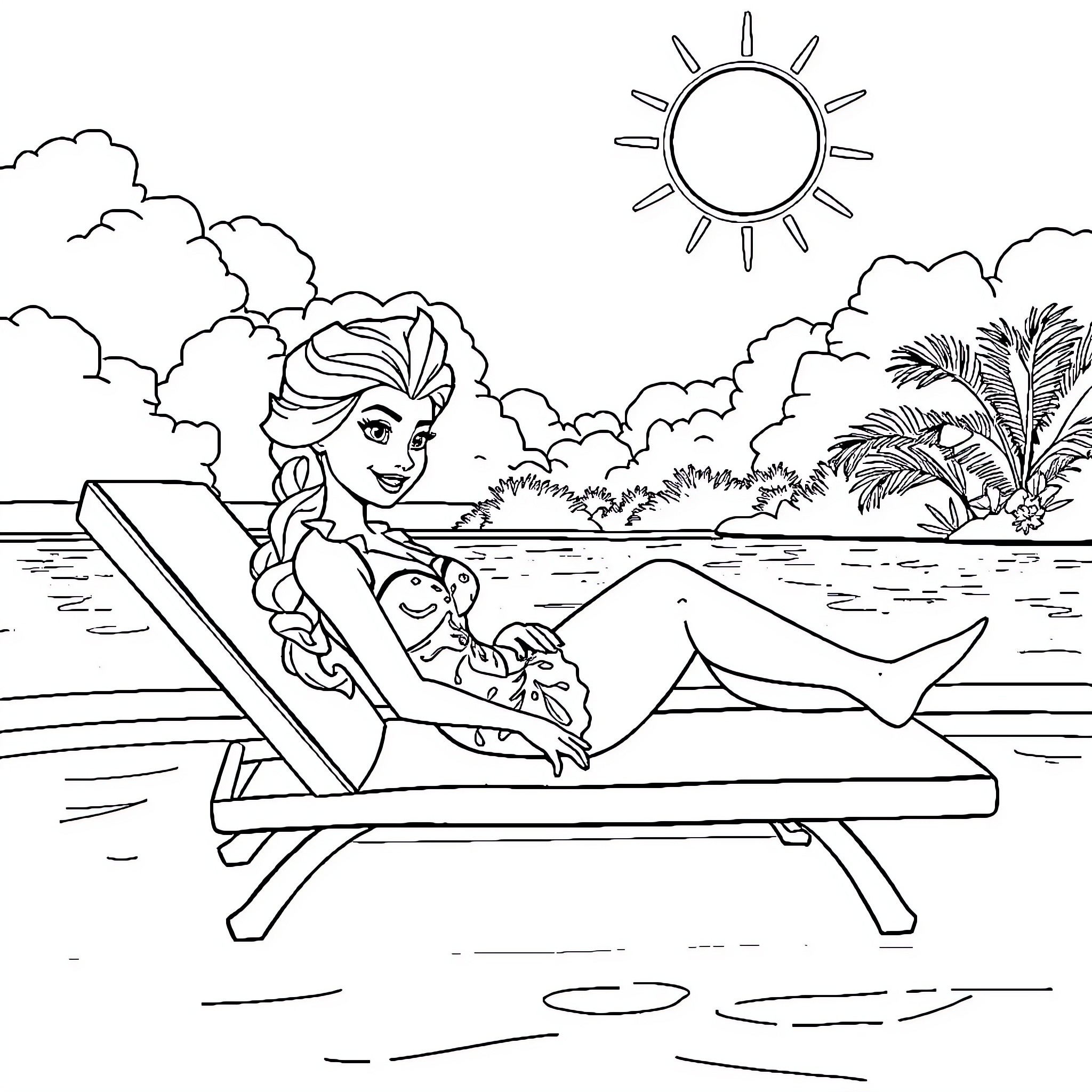 Elsa relaxing on a beach chair in the tropical sun Coloring Page (free black-and-white line drawing printable PDF for all, from beginners to advanced learners, including children, teens, adults, and seniors)