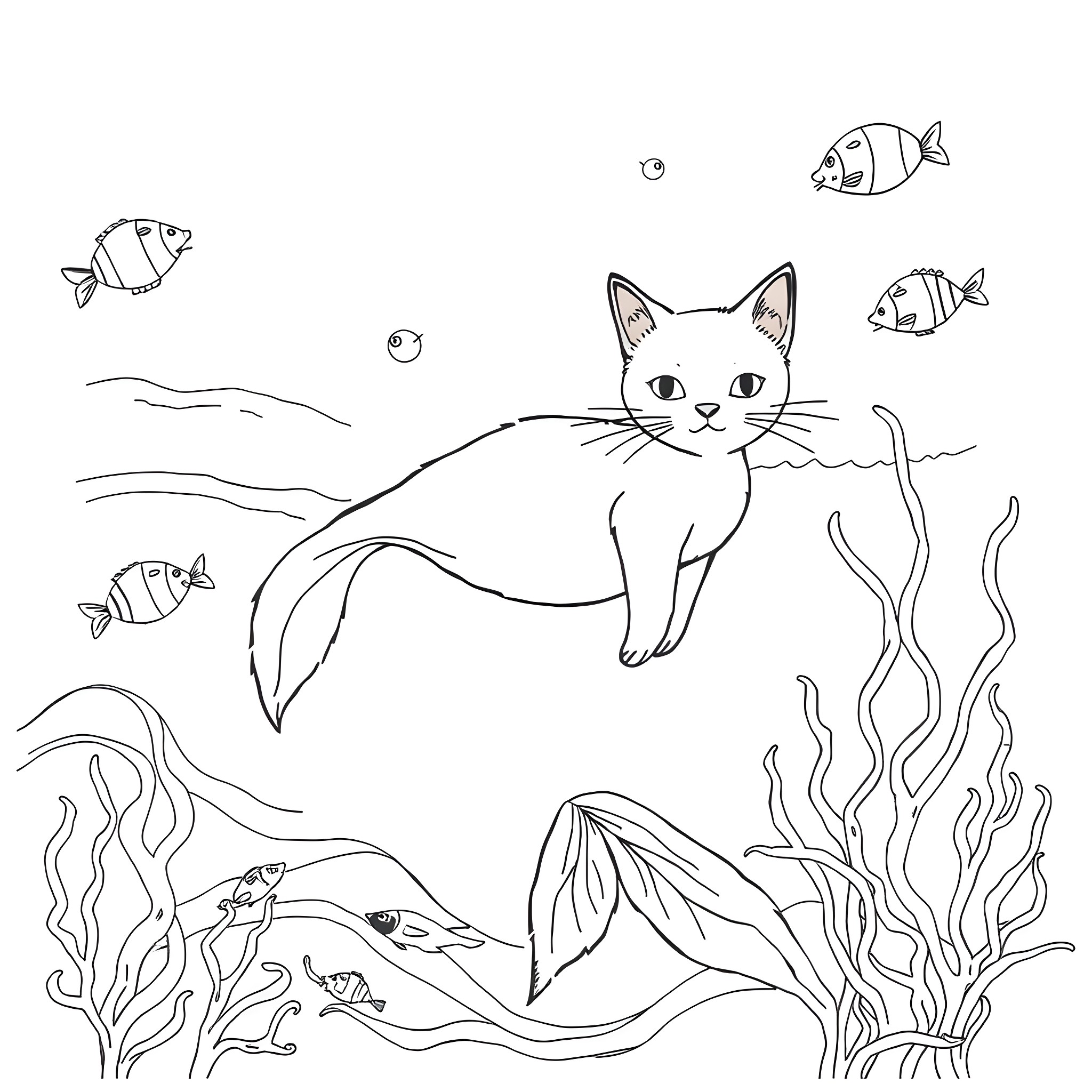 Mermaid Cat swimming with sea creatures Coloring Page (free black-and-white line drawing printable PDF for all, from beginners to advanced learners, including children, teens, adults, and seniors)