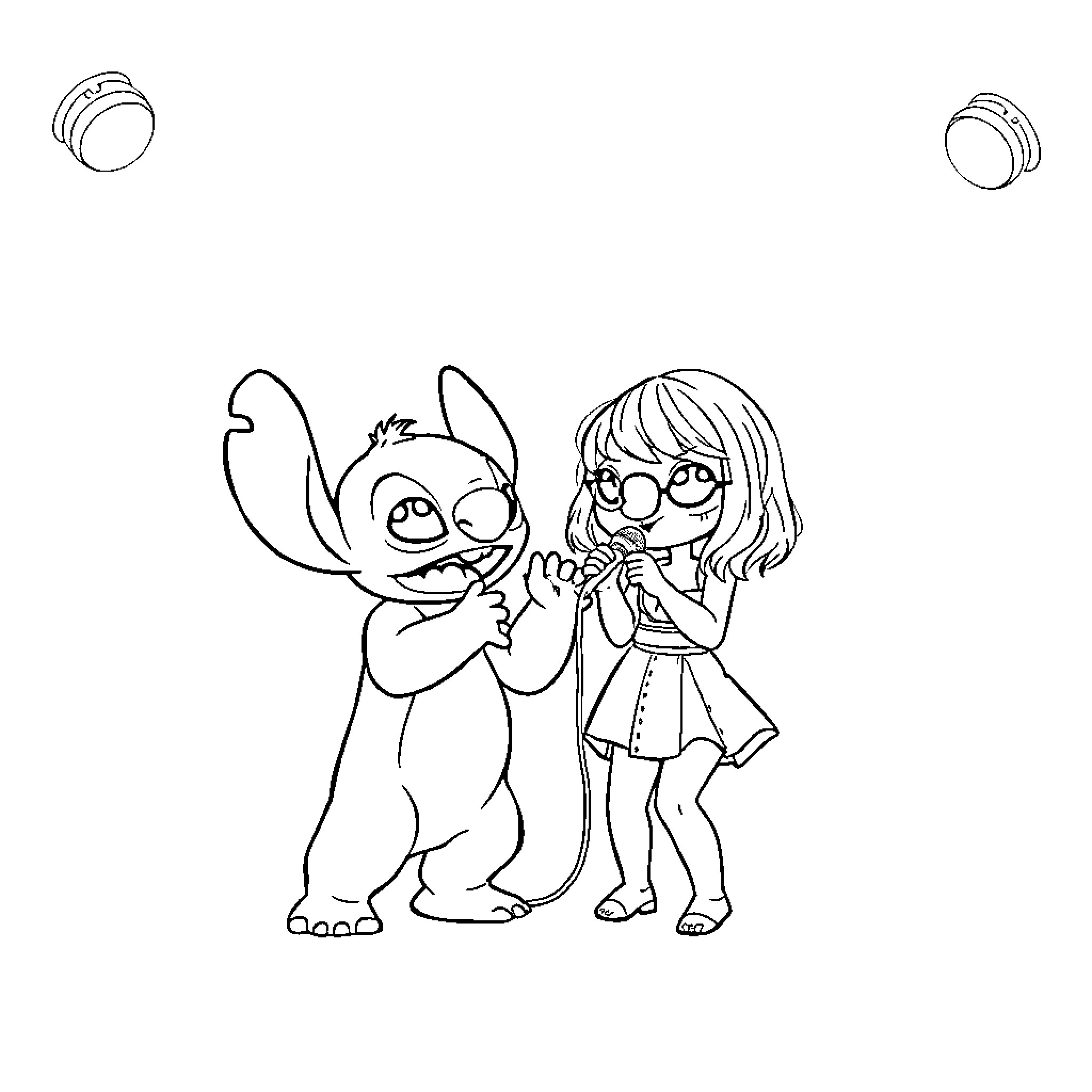 Stitch and girl sharing a moment Coloring Page (free black-and-white line drawing printable PDF for all, from beginners to advanced learners, including children, teens, adults, and seniors)