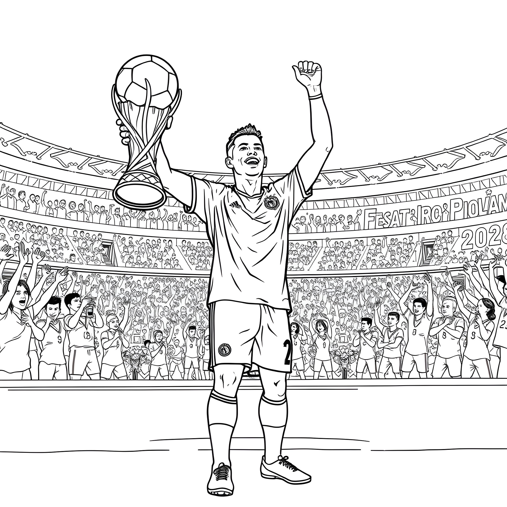 Ronaldo celebrating victory with trophy in stadium Coloring Page (free black-and-white line drawing printable PDF for all, from beginners to advanced learners, including children, teens, adults, and seniors)