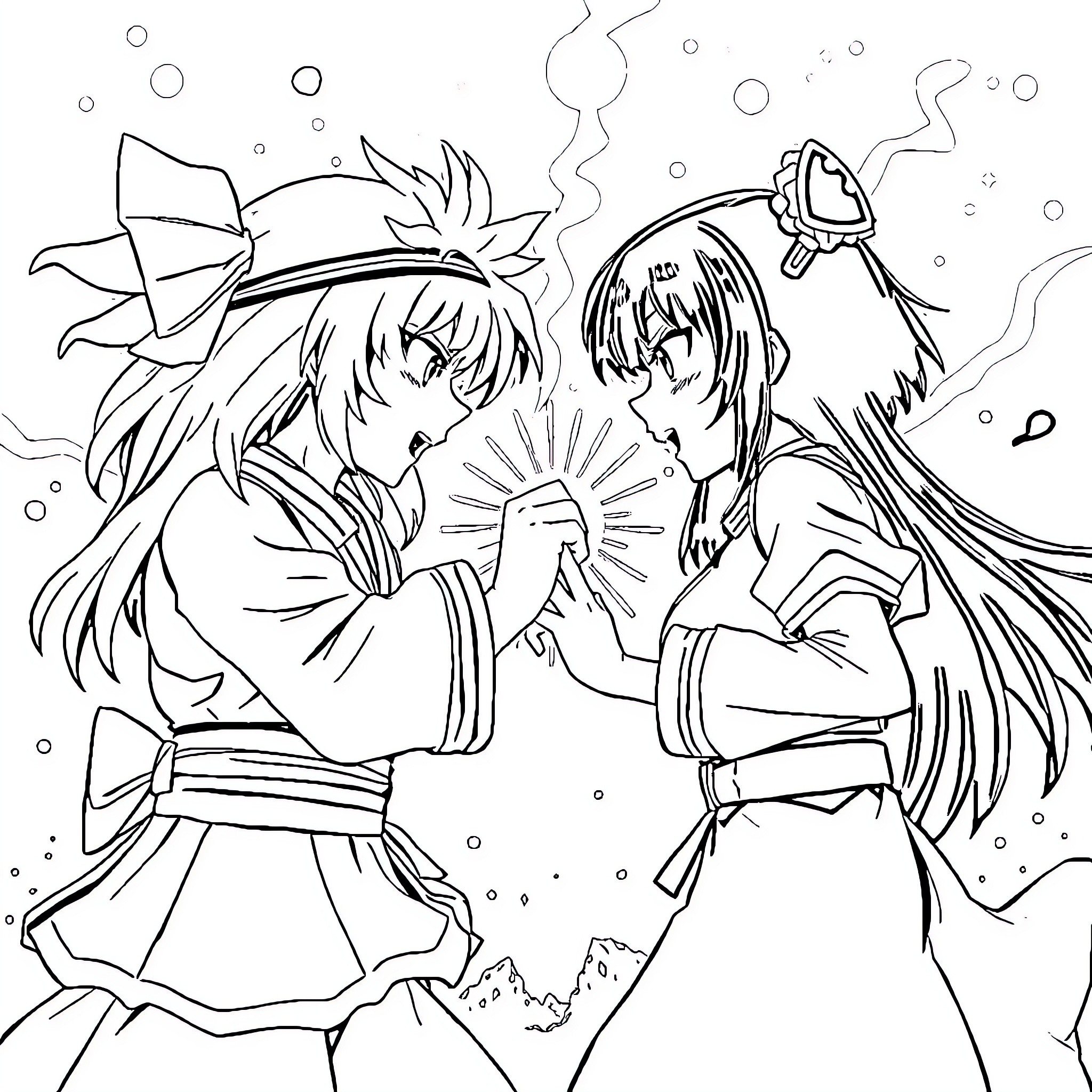 Hanabi - Two girls in traditional outfits, interacting Coloring Page (free black-and-white line drawing printable PDF for all, from beginners to advanced learners, including children, teens, adults, and seniors)