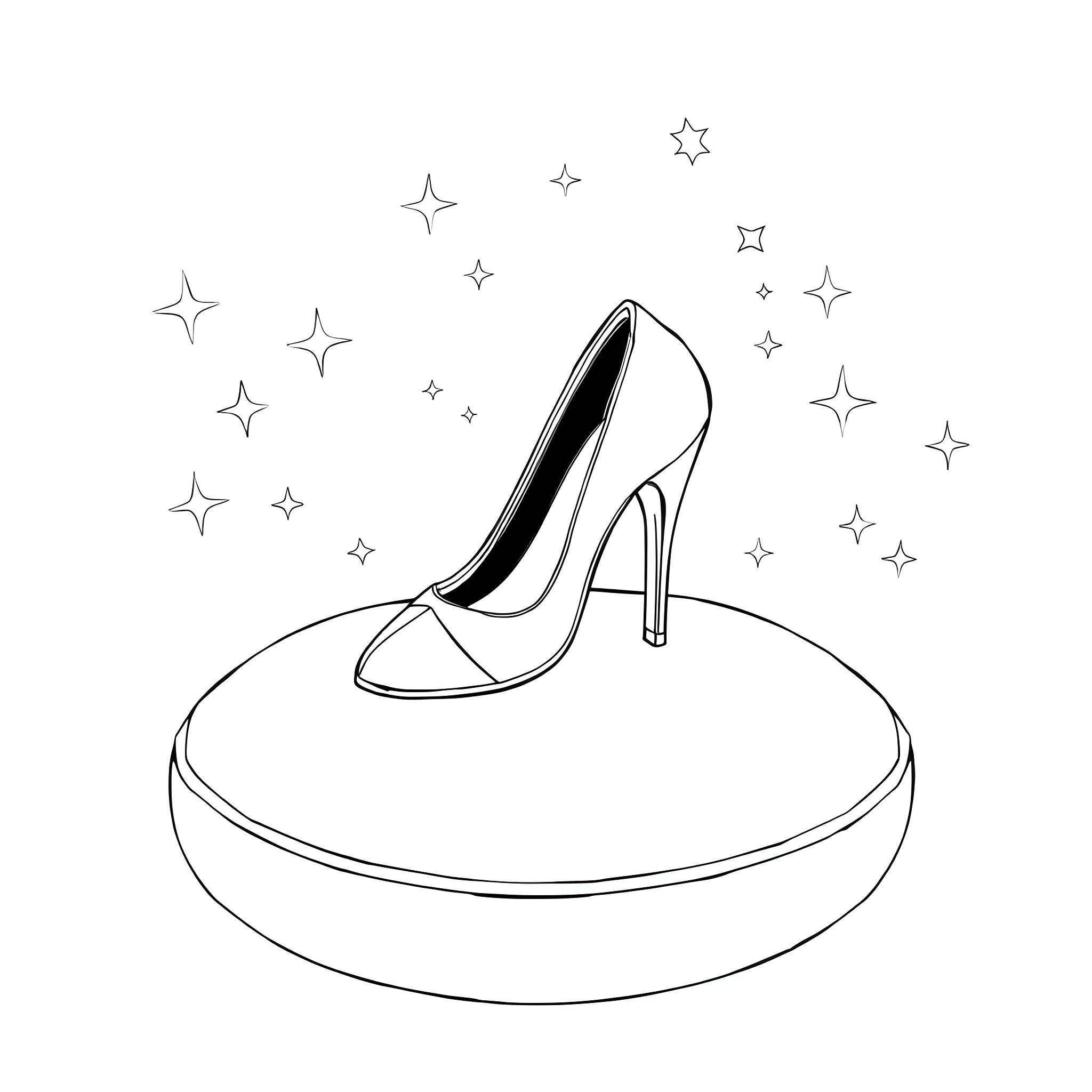 Cinderella's glass slipper among the stars Coloring Page (free black-and-white line drawing printable PDF for all, from beginners to advanced learners, including children, teens, adults, and seniors)