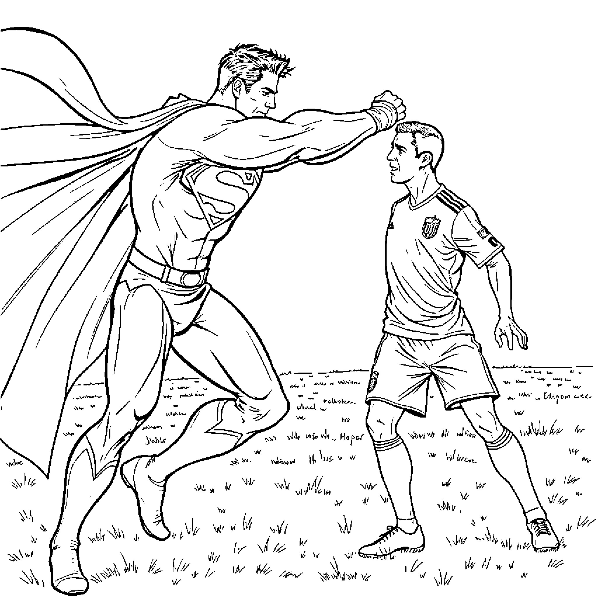 Superman saving a soccer player in the field Coloring Page (free black-and-white line drawing printable PDF for all, from beginners to advanced learners, including children, teens, adults, and seniors)