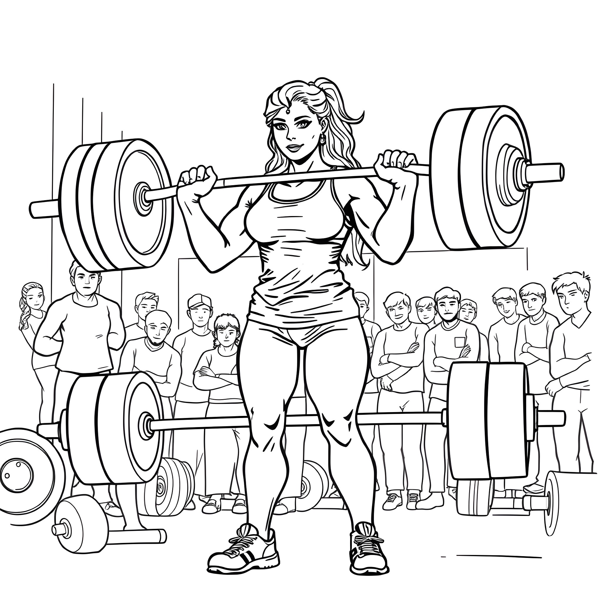 Woman lifting weights in a gym Coloring Page (free black-and-white line drawing printable PDF for all, from beginners to advanced learners, including children, teens, adults, and seniors)