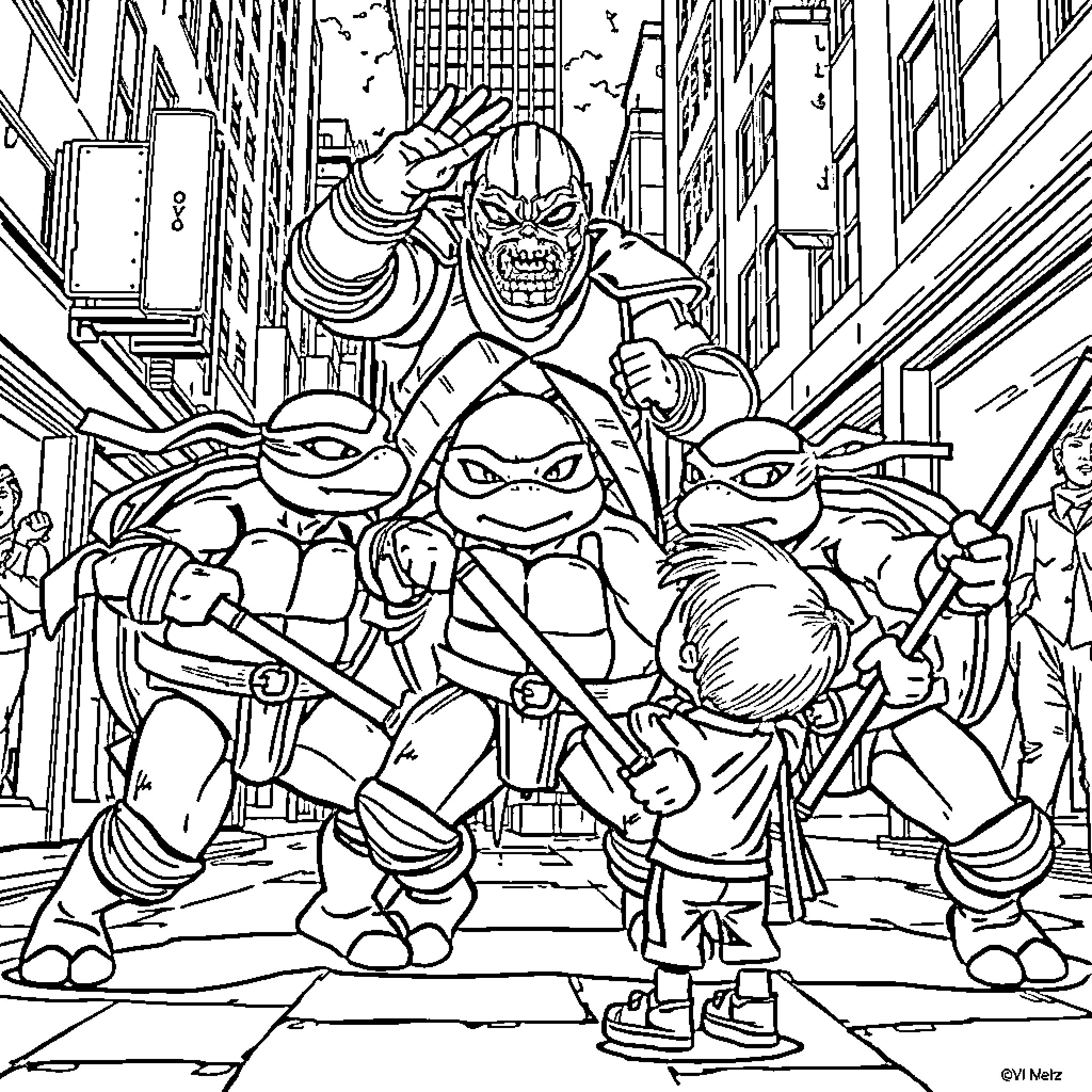 Ninja Turtle heroes take on city streets Coloring Page (free black-and-white line drawing printable PDF for all, from beginners to advanced learners, including children, teens, adults, and seniors)