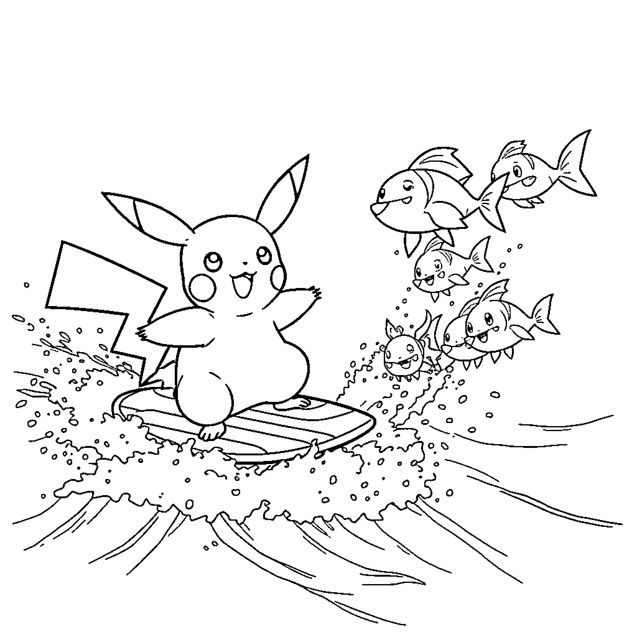 Pikachu surfing with friendly fish Coloring Page (free black-and-white line drawing printable PDF for all, from beginners to advanced learners, including children, teens, adults, and seniors)