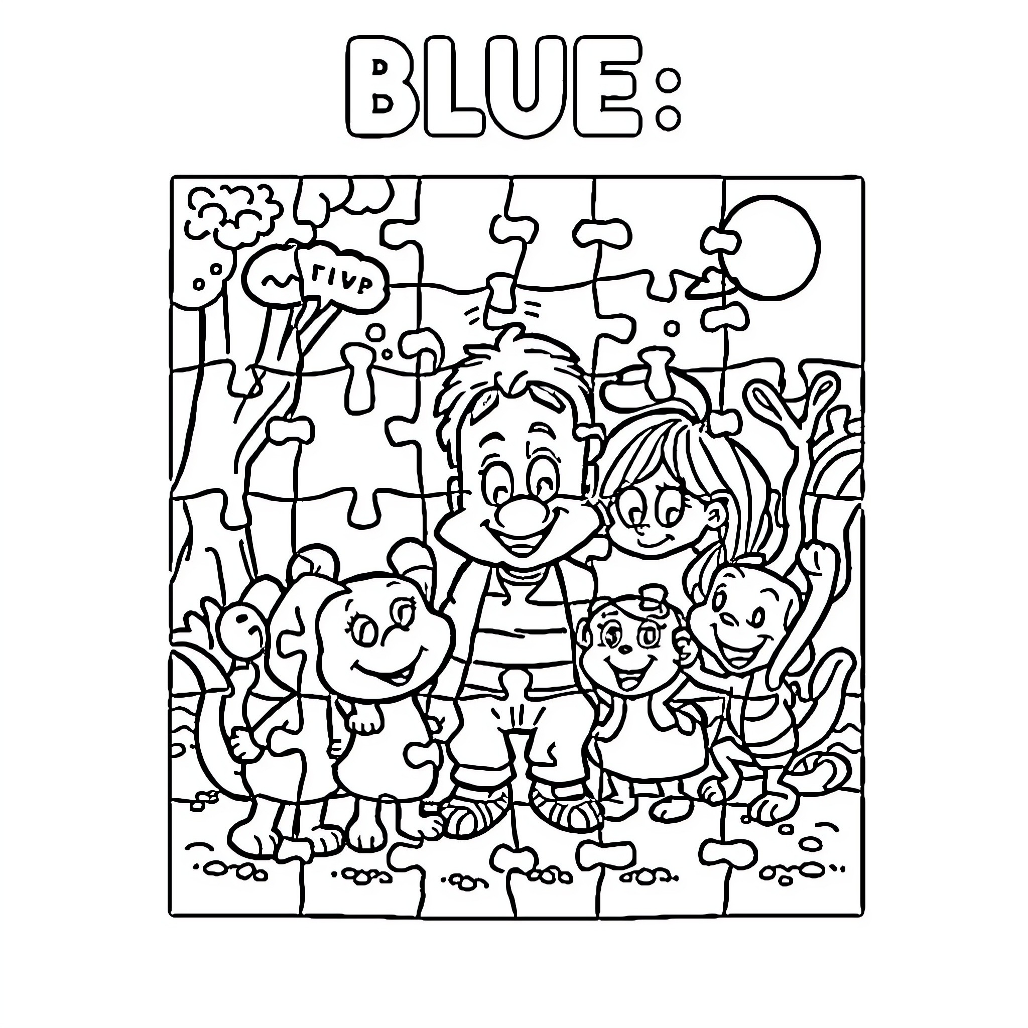 Bluey's Puzzle Adventure with Friends Coloring Page (free black-and-white line drawing printable PDF for all, from beginners to advanced learners, including children, teens, adults, and seniors)