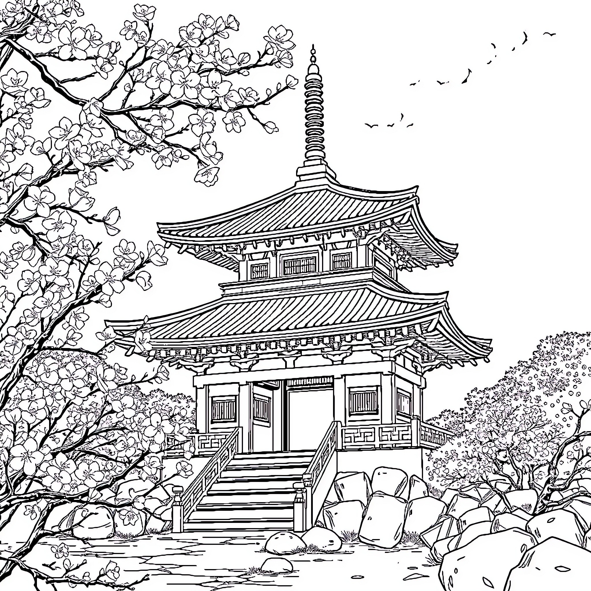 Hericendre - Pagoda in Springtime Blossoms Coloring Page (free black-and-white line drawing printable PDF for all, from beginners to advanced learners, including children, teens, adults, and seniors)