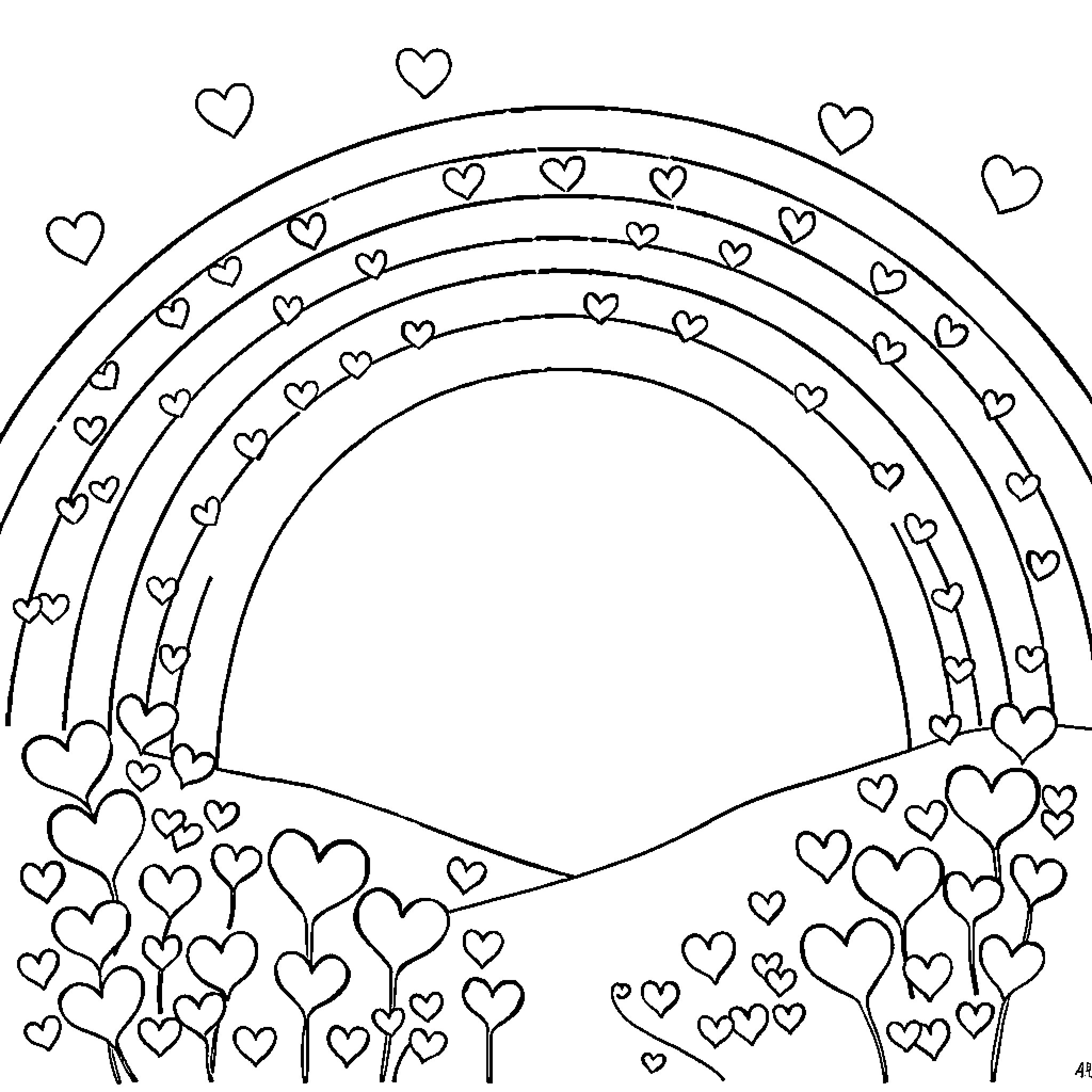 Rainbow of Hearts Dancing Across the Sky Coloring Page (free black-and-white line drawing printable PDF for all, from beginners to advanced learners, including children, teens, adults, and seniors)