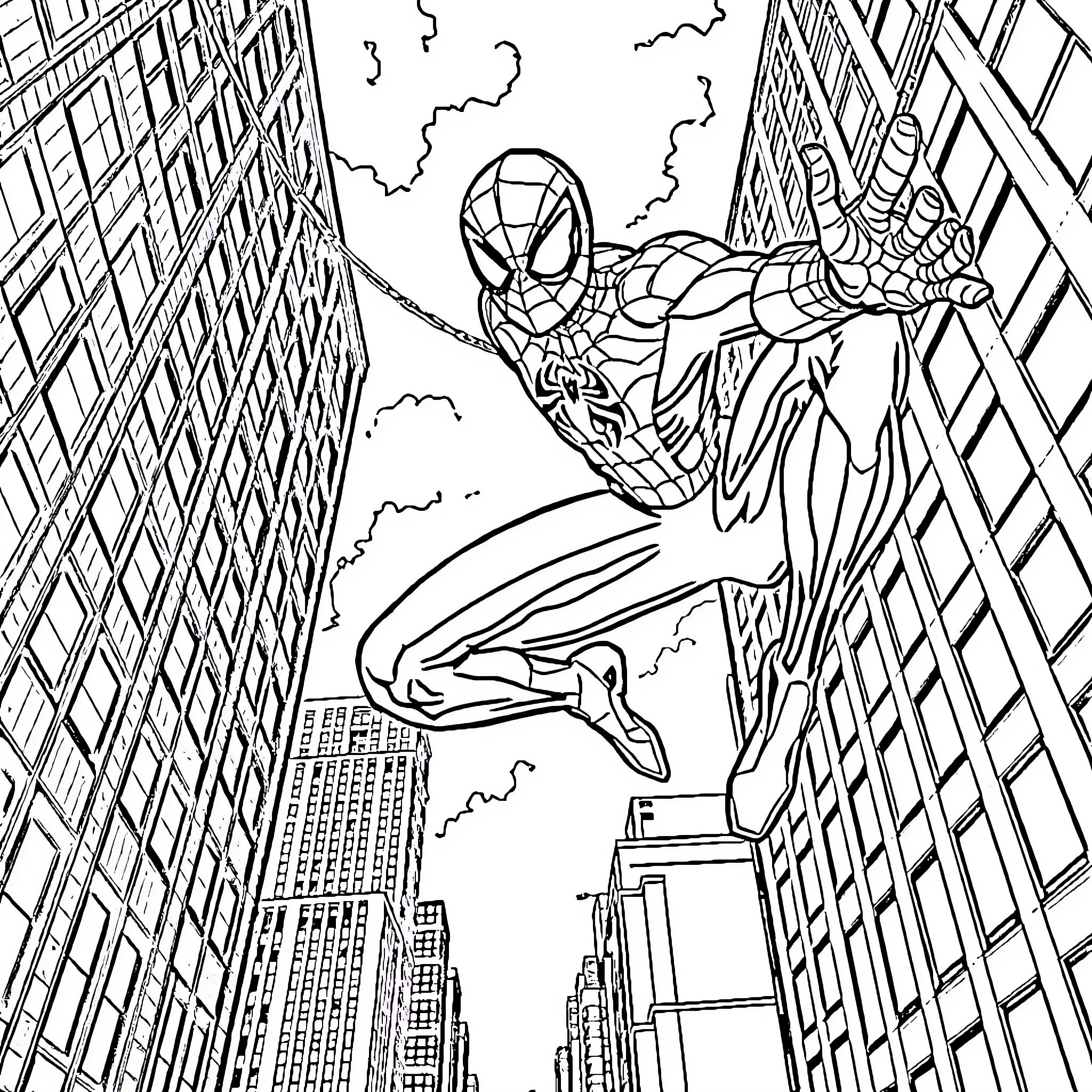 Spiderman swinging through the city skyline Coloring Page (free black-and-white line drawing printable PDF for all, from beginners to advanced learners, including children, teens, adults, and seniors)