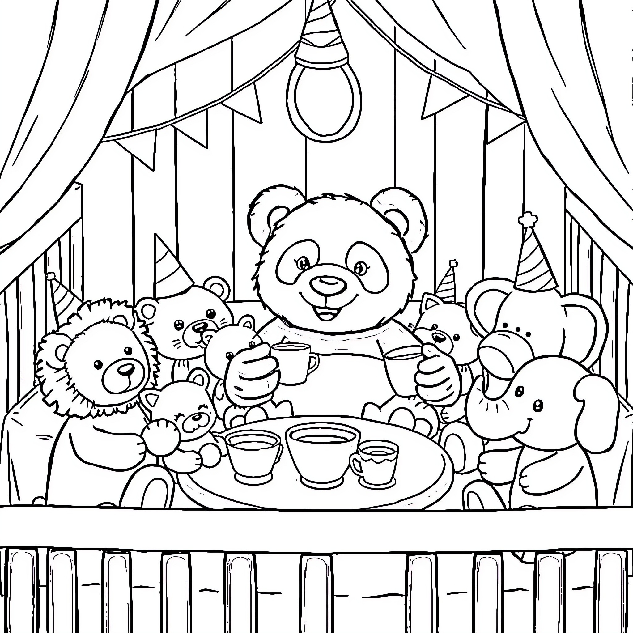 Panda Party at the Carnival Coloring Page (free black-and-white line drawing printable PDF for all, from beginners to advanced learners, including children, teens, adults, and seniors)