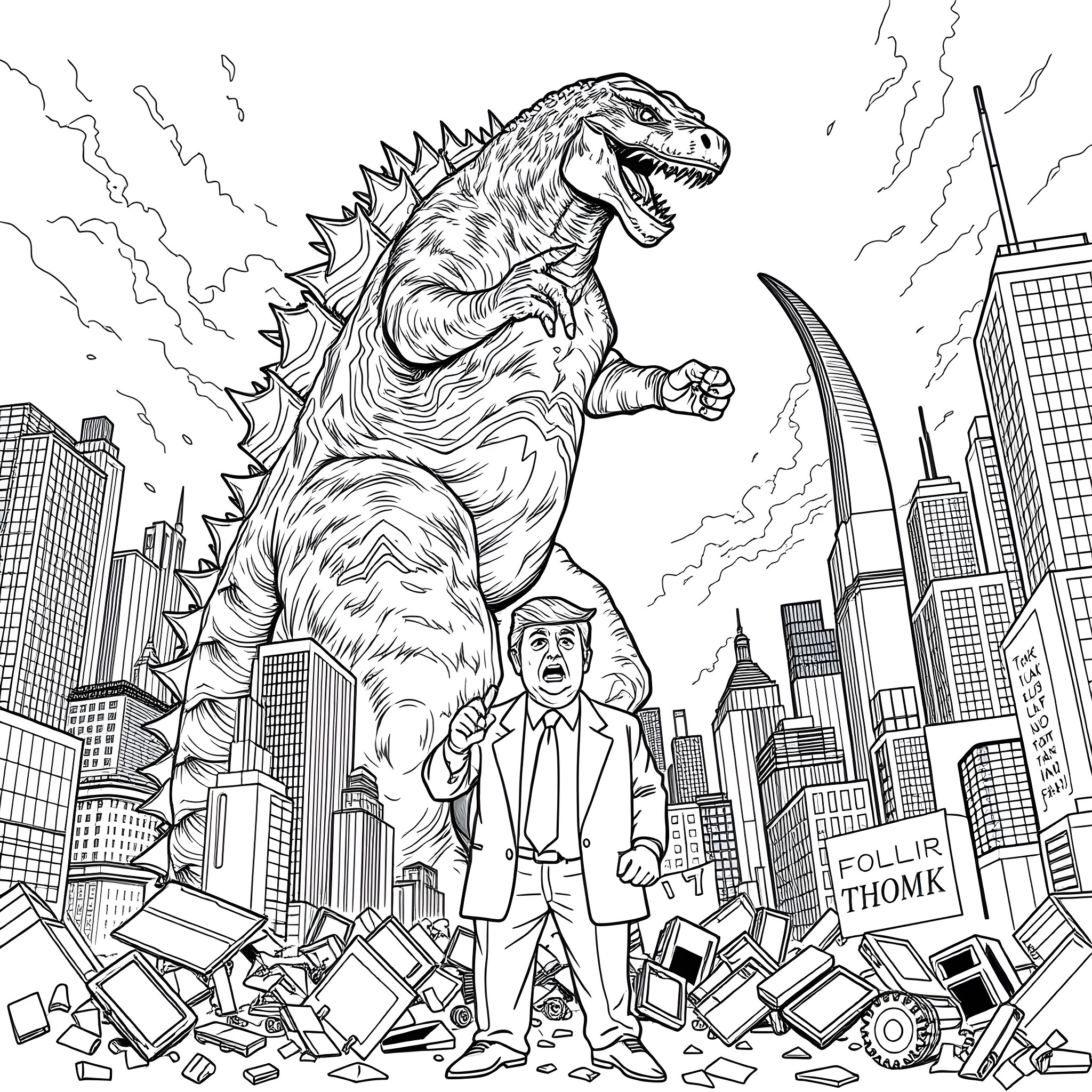 Godzilla rampaging through the city, attacking a businessman Coloring Page (free black-and-white line drawing printable PDF for all, from beginners to advanced learners, including children, teens, adults, and seniors)