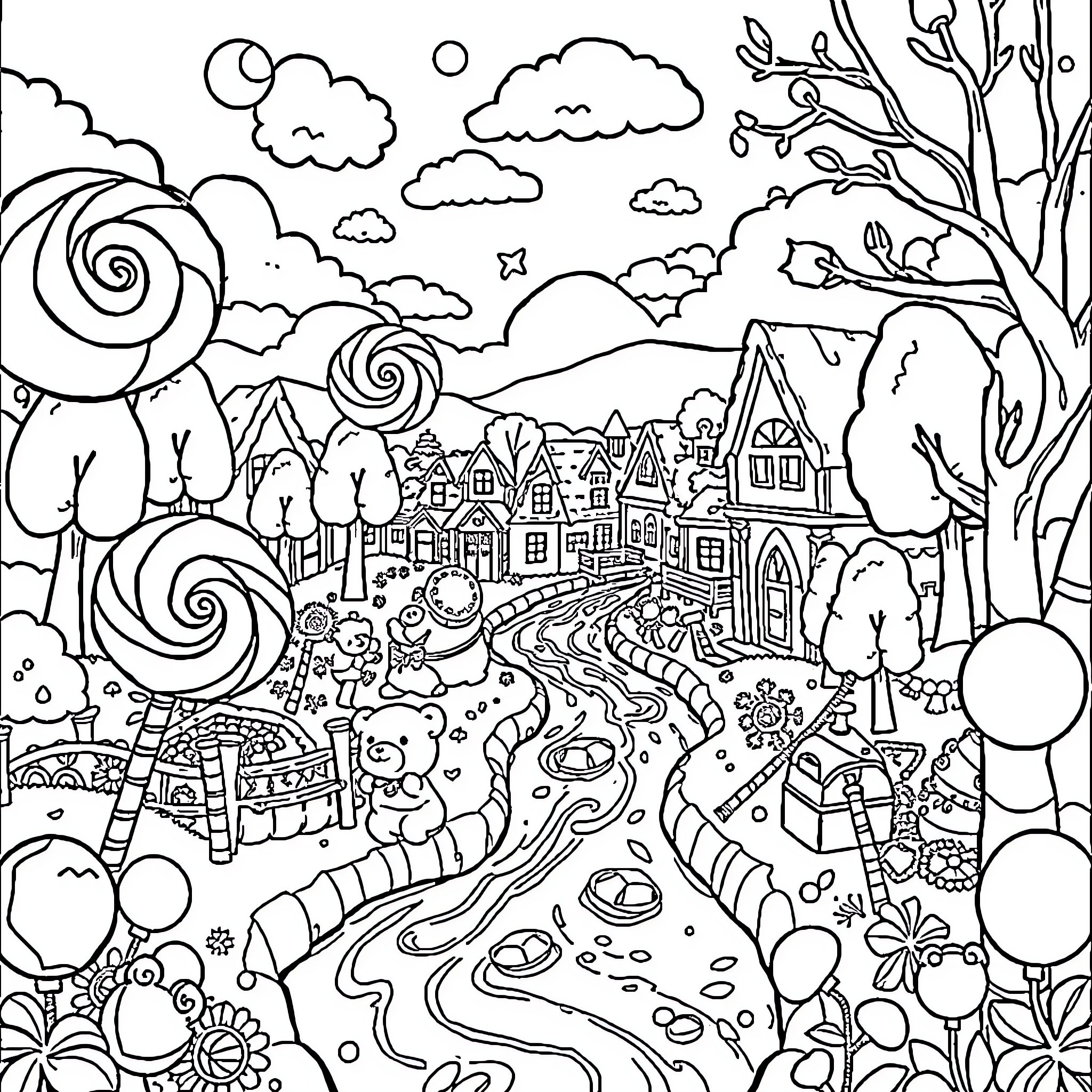 Candy-themed whimsical landscape with houses and nature Coloring Page (free black-and-white line drawing printable PDF for all, from beginners to advanced learners, including children, teens, adults, and seniors)