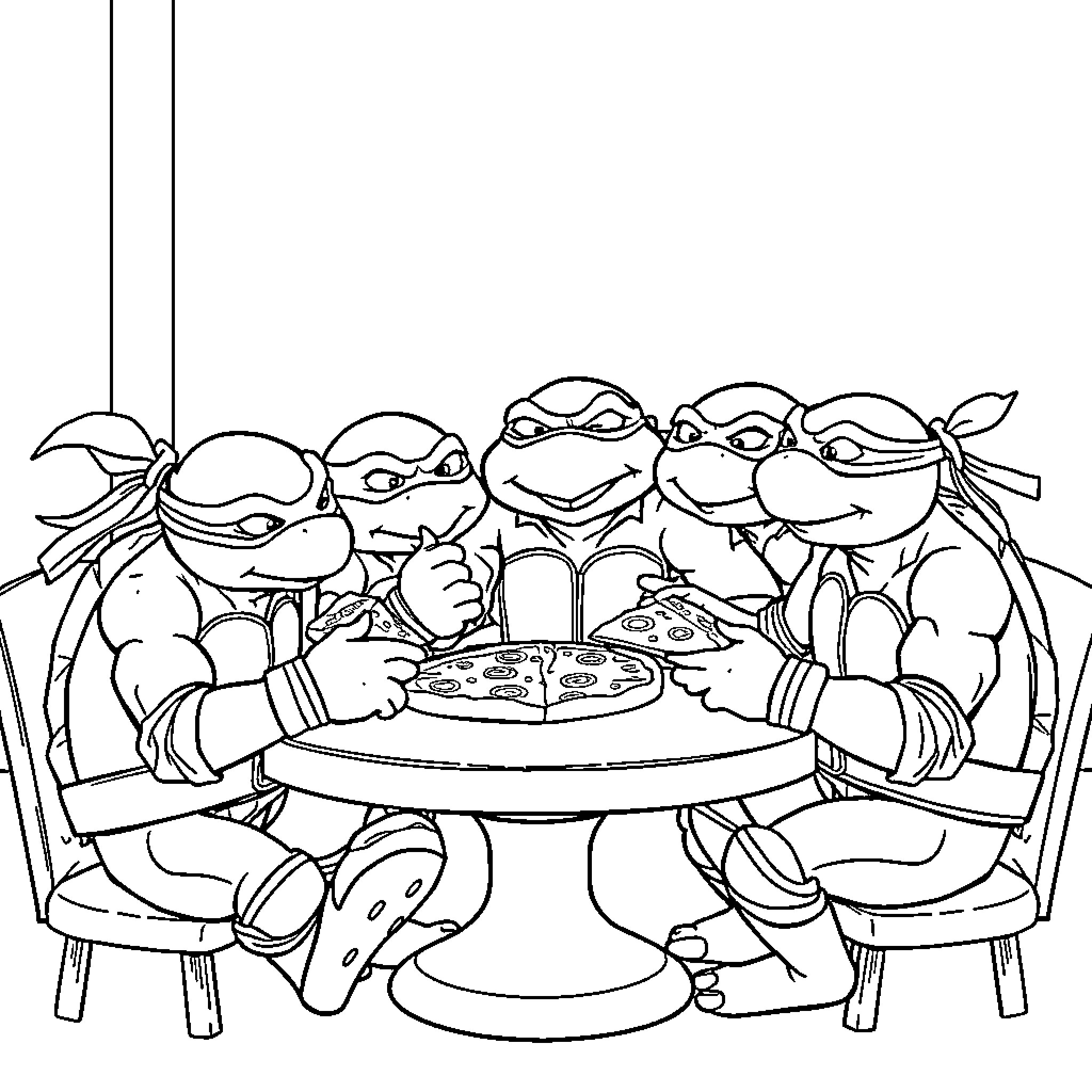 Teenage Mutant Ninja Turtles enjoying a pizza party Coloring Page (free black-and-white line drawing printable PDF for all, from beginners to advanced learners, including children, teens, adults, and seniors)