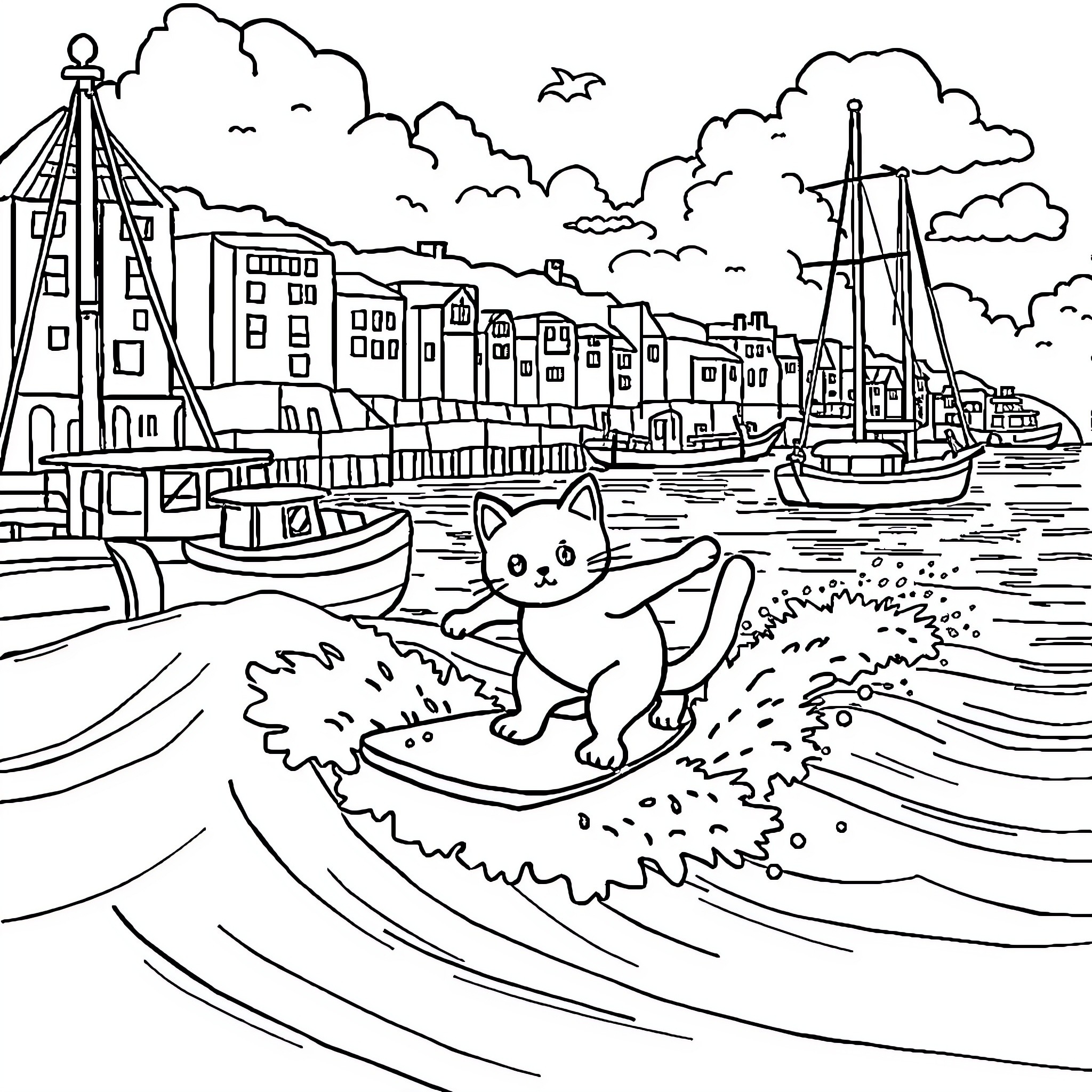 Cat playing by the waterfront Coloring Page (free black-and-white line drawing printable PDF for all, from beginners to advanced learners, including children, teens, adults, and seniors)