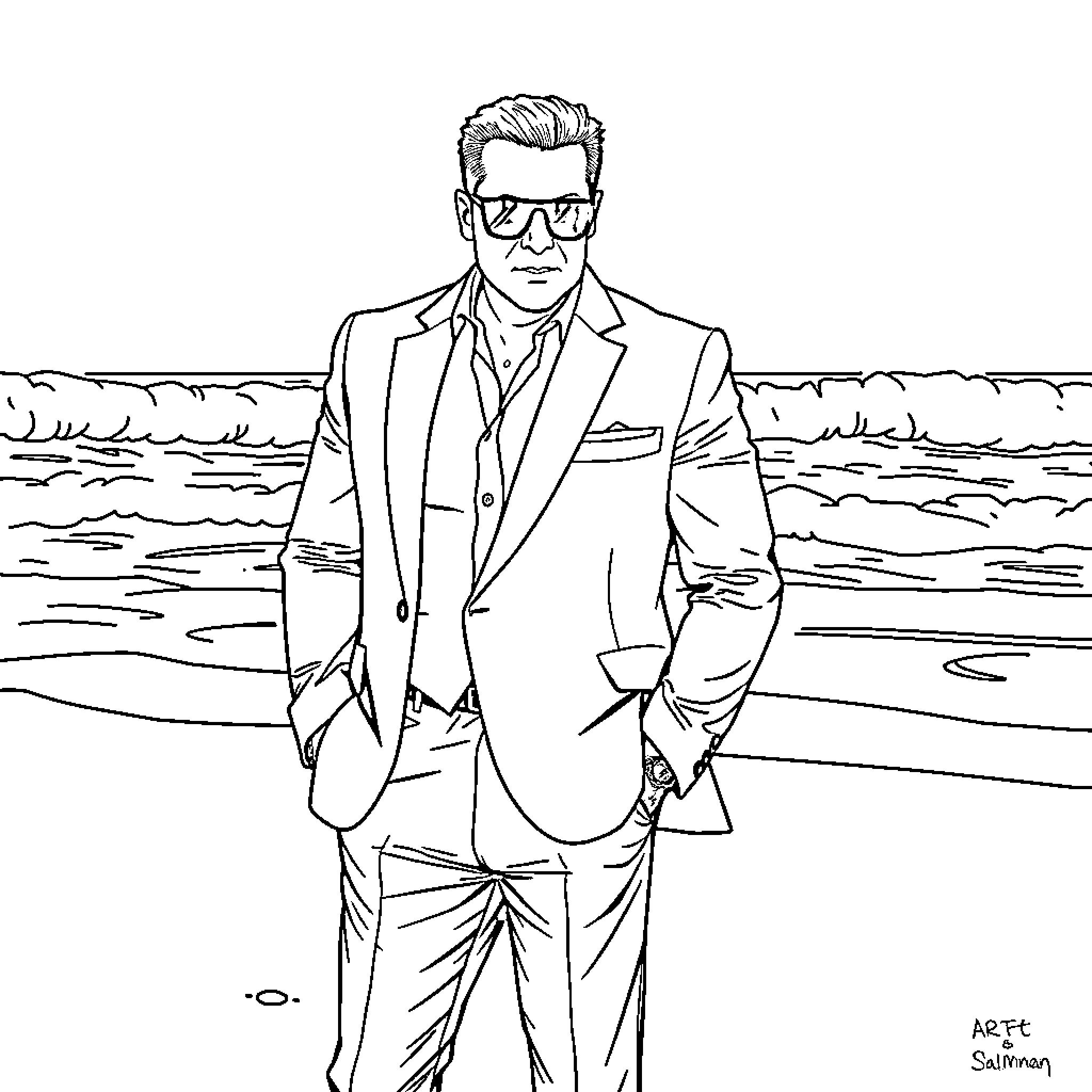 Salman Khan in a formal suit by the sea Coloring Page (free black-and-white line drawing printable PDF for all, from beginners to advanced learners, including children, teens, adults, and seniors)