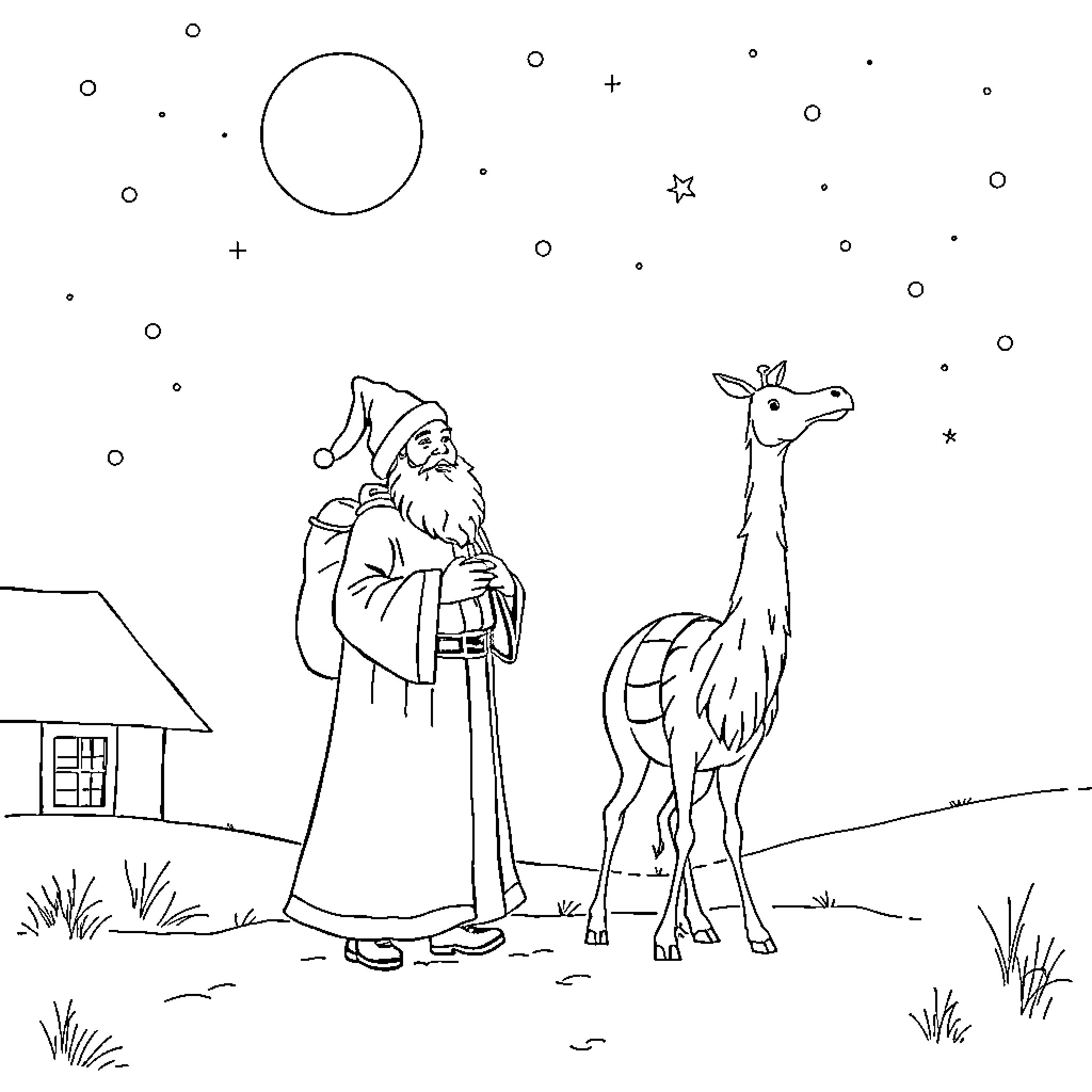 Saint Nicolas visiting a giraffe on a snowy night Coloring Page (free black-and-white line drawing printable PDF for all, from beginners to advanced learners, including children, teens, adults, and seniors)