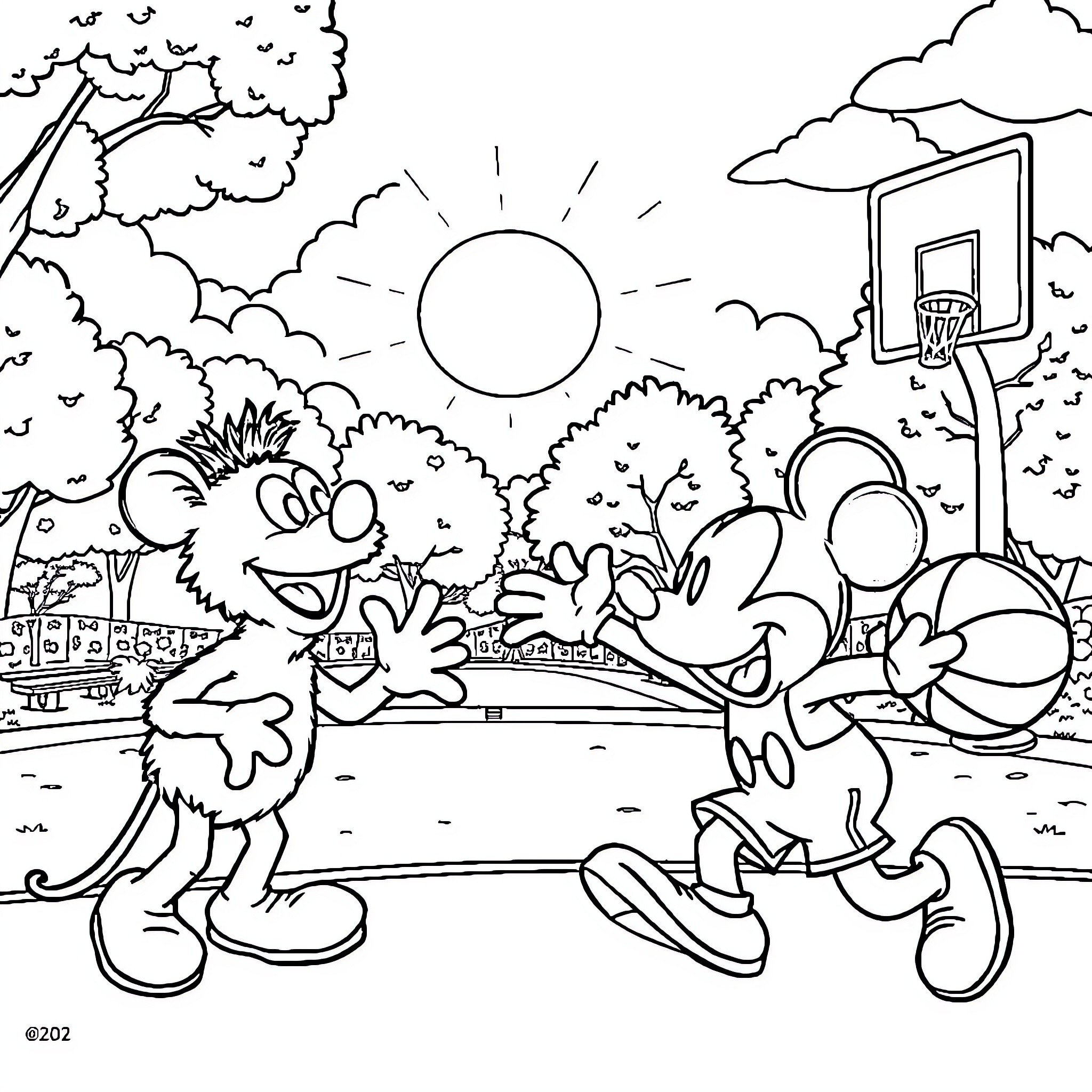 Elmo playing basketball with friends in the park Coloring Page (free black-and-white line drawing printable PDF for all, from beginners to advanced learners, including children, teens, adults, and seniors)