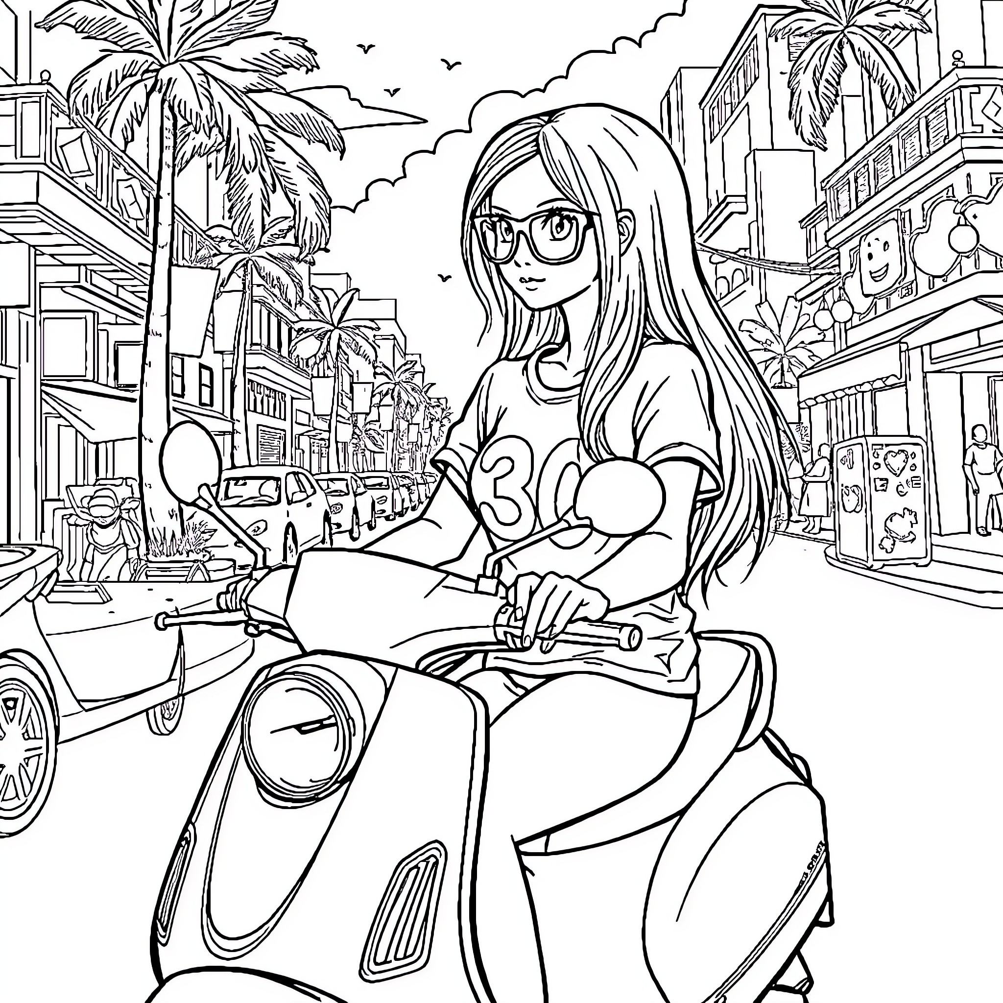 Fille riding scooter in tropical city landscape Coloring Page (free black-and-white line drawing printable PDF for all, from beginners to advanced learners, including children, teens, adults, and seniors)