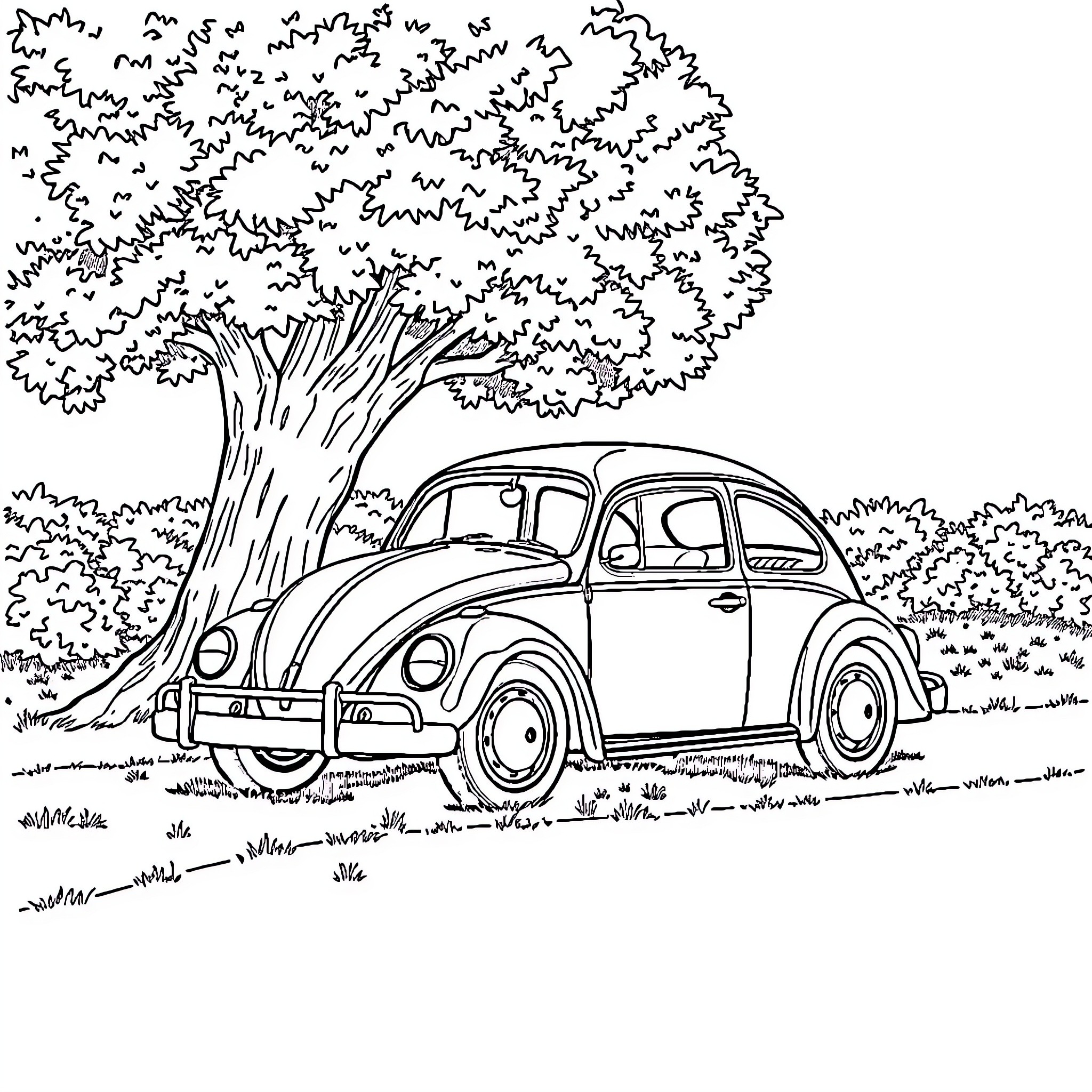 Volkswagen Beetle parked under a tree Coloring Page (free black-and-white line drawing printable PDF for all, from beginners to advanced learners, including children, teens, adults, and seniors)