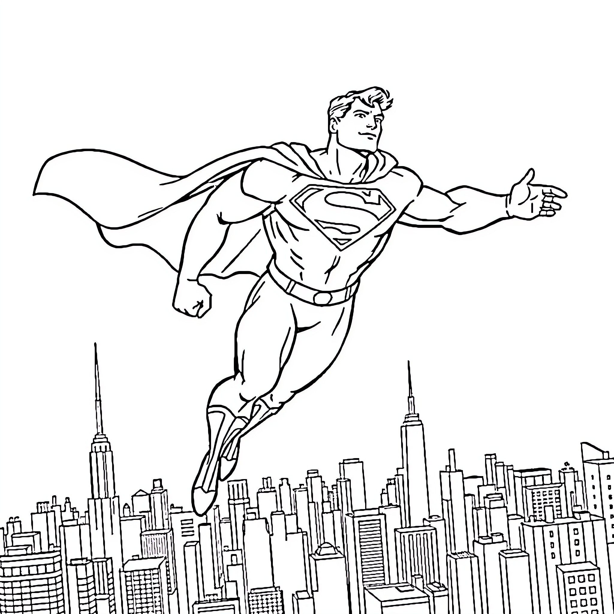 Superman soaring over the city skyline Coloring Page (free black-and-white line drawing printable PDF for all, from beginners to advanced learners, including children, teens, adults, and seniors)
